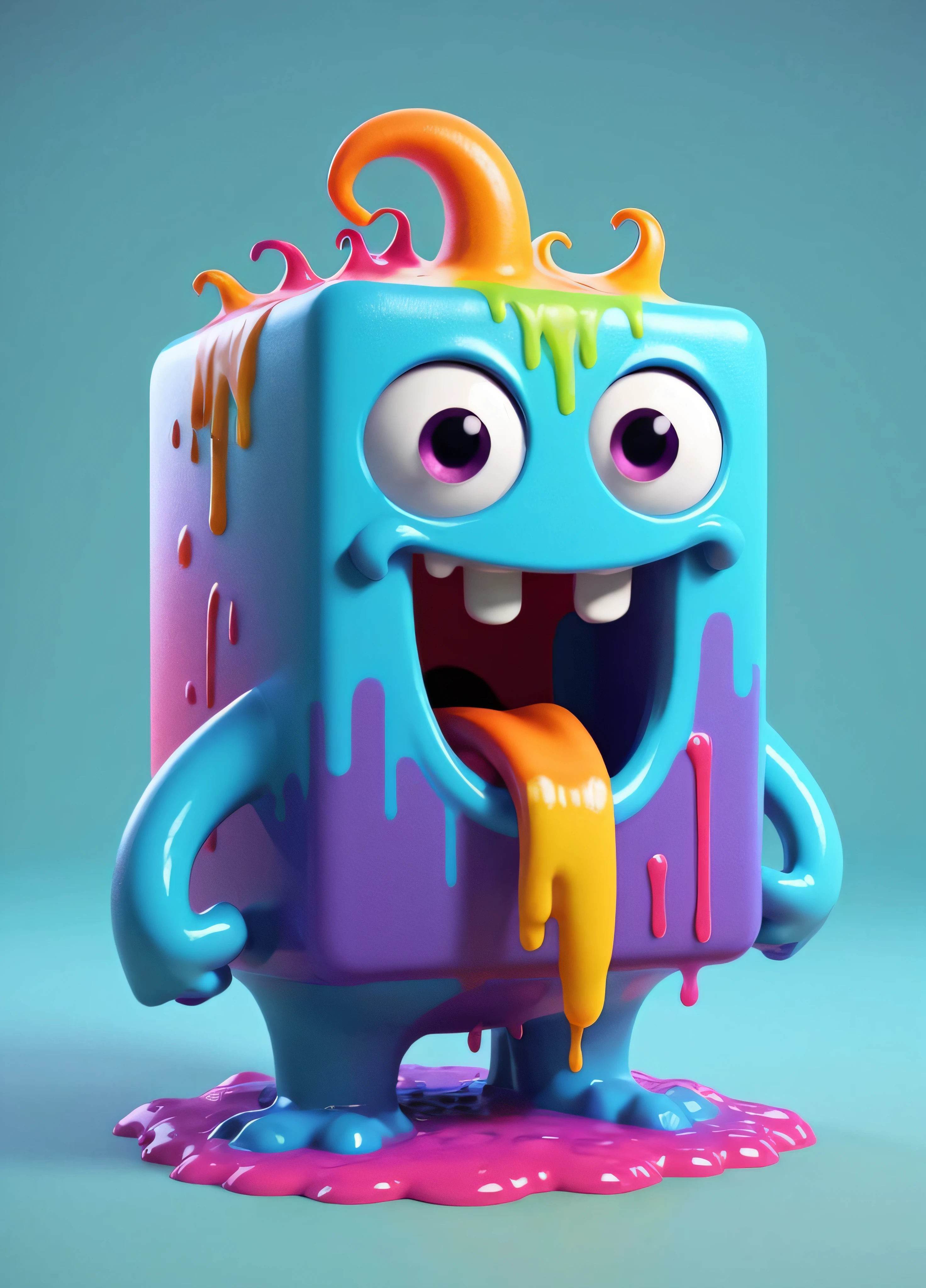 Minecraft style a colorful rainbow monster with a mouth full of paint, cute 3 d render, character is covered in liquid, rendered in cinema 4 d octane, blender art, cinema 4d colorful render, highly detailed photo of happy, rendered in cinema4d, rendered in cinema 4 d, colorful octane render, 3 d illustration, 3d illustration, stylized as a 3d render . Blocky, pixelated, vibrant colors, recognizable characters and objects, game assets