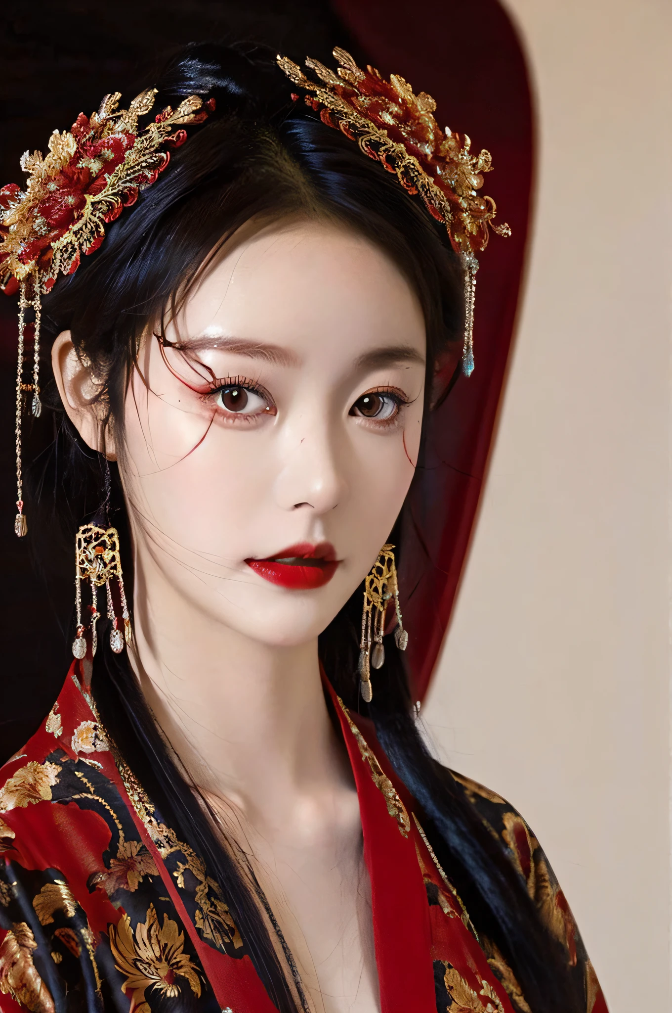 1. Mature girl ,Black color hair,Floating hair,Elaborate Eyes,Red antique damask Hanfu,Phoenix Guanxia,head gear,Wedding view,F1.8,tmasterpiece,Complexscenes,Gorgeous portrait shots