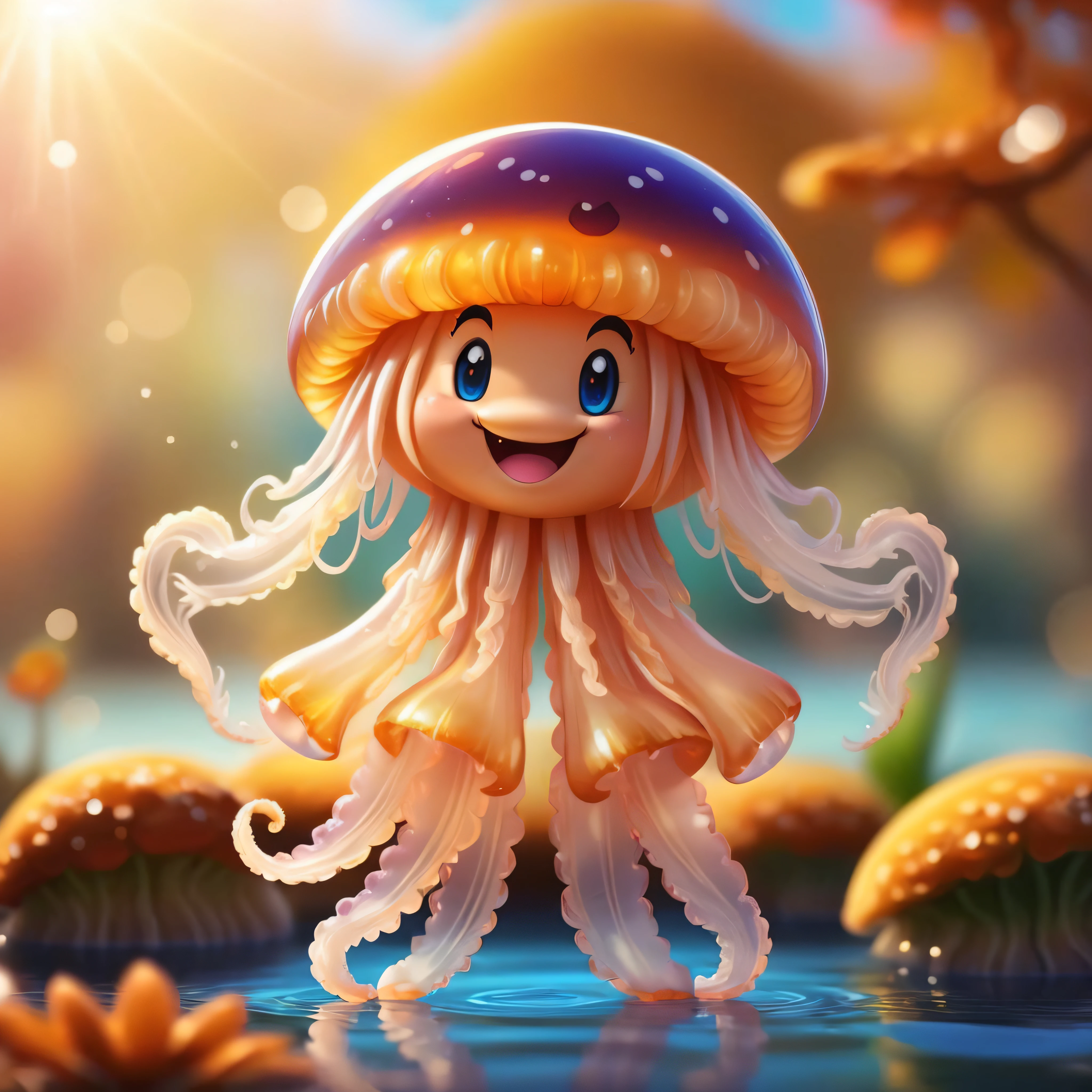 Super Mario style digital art, "I'm sorry, Ms. Jackson, I am for real.", Enigmatic, dressed in autumn smiling jellyfish, Bokeh, Illustration, Relaxed, Reflected light . Vibrant, cute, cartoony, fantasy, playful, reminiscent of Super Mario series