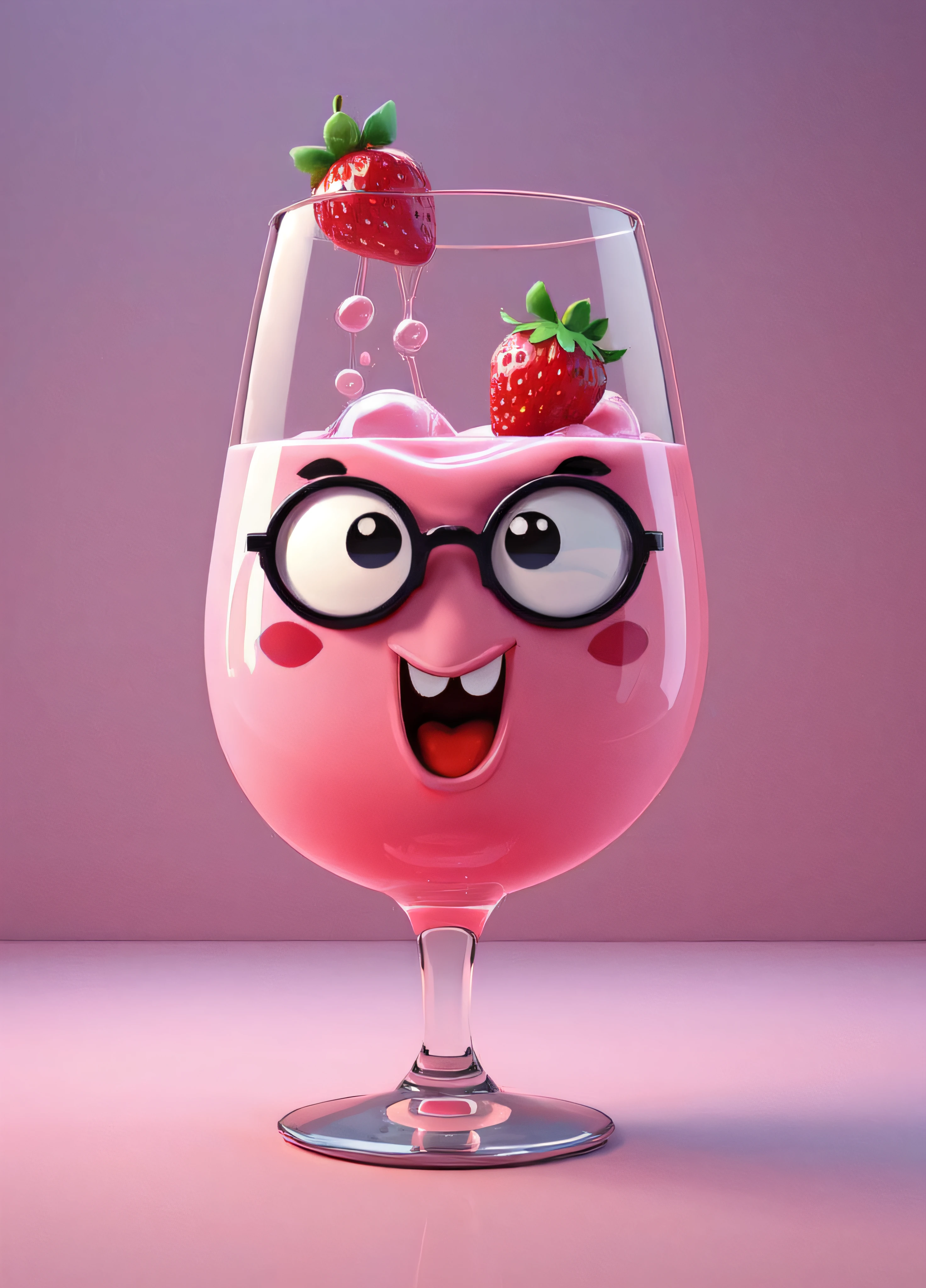 Stained glass style a pink drink with a strawberry in it, cute 3 d render, pink angry bubble, pink glasses, blender art, ultra realistic 3d illustration, 3d illustration, 3 d illustration, pink iconic character, character is covered in liquid, 3d blender render, stylized as a 3d render, masterpiece. rendered in blender, rendered with blender . Vibrant, beautiful, translucent, intricate, detailed