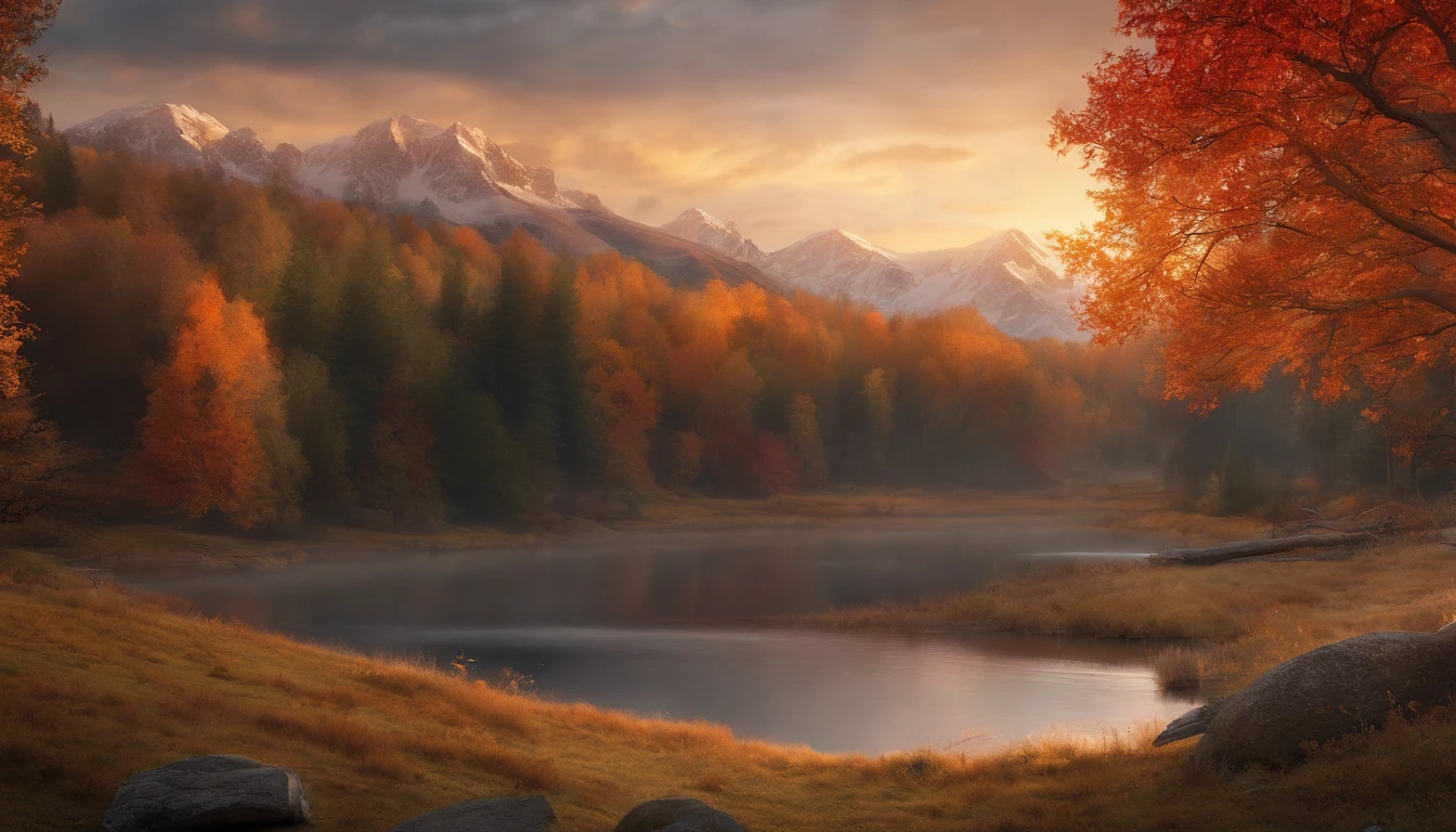((tmasterpiece:1.4, best qualtiy))+, (ultra - detailed)+,(watercolor paiting:1.2),Autumn landscape，The leaves are yellow，maple trees，eventide，riverbank，lake reflection，The sky is full of color，Orange-red sunset，The afterglow diverges，Big Mountain，Far Mountain，contours，Scenic beauty， (Warm light source:1.2), (the woods，Bare branches:1.2)（Very detailed CG unification，8k wallpaper），（The best picture quality），(illustratio：1.0）、intricately details, Epic composition、Realistic lighting、high definition detail、((tmasterpiece))、(Beautiful wildlife and natural wonders，With glowing lights)