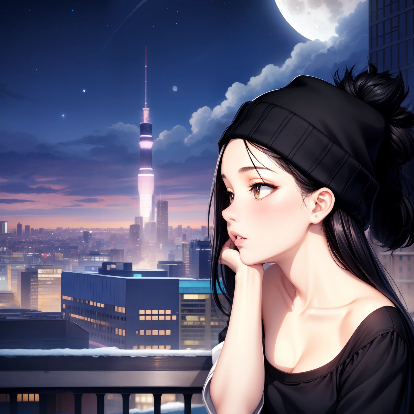 realistic, 1girl, black hair, black eyes, crop top, skirt, parted lips, blush, night, black beanie, moon, clouds, city