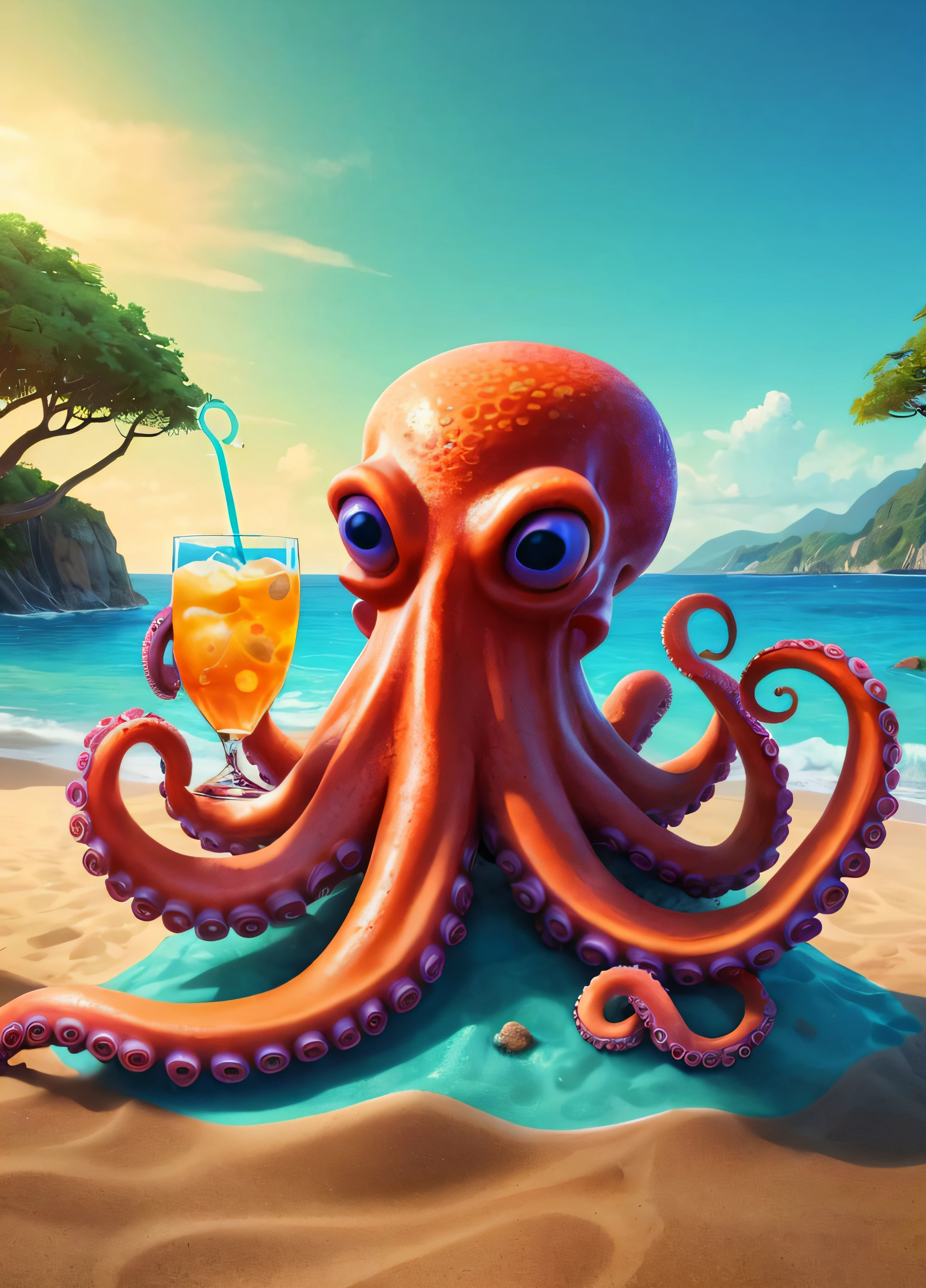 Psychedelic style a cartoon octopus drinking a drink on the beach, anthropomorphic octopus, ultra realistic 3d illustration, ultra realistic illustration, portrait of an octopus goddess, surreal 3 d render, octopus, octan render, it's is relaxing on a beach, giant octopus, realistic fantasy illustration, realistic illustration, 4 k octan render, octopus goddess . Vibrant colors, swirling patterns, abstract forms, surreal, trippy