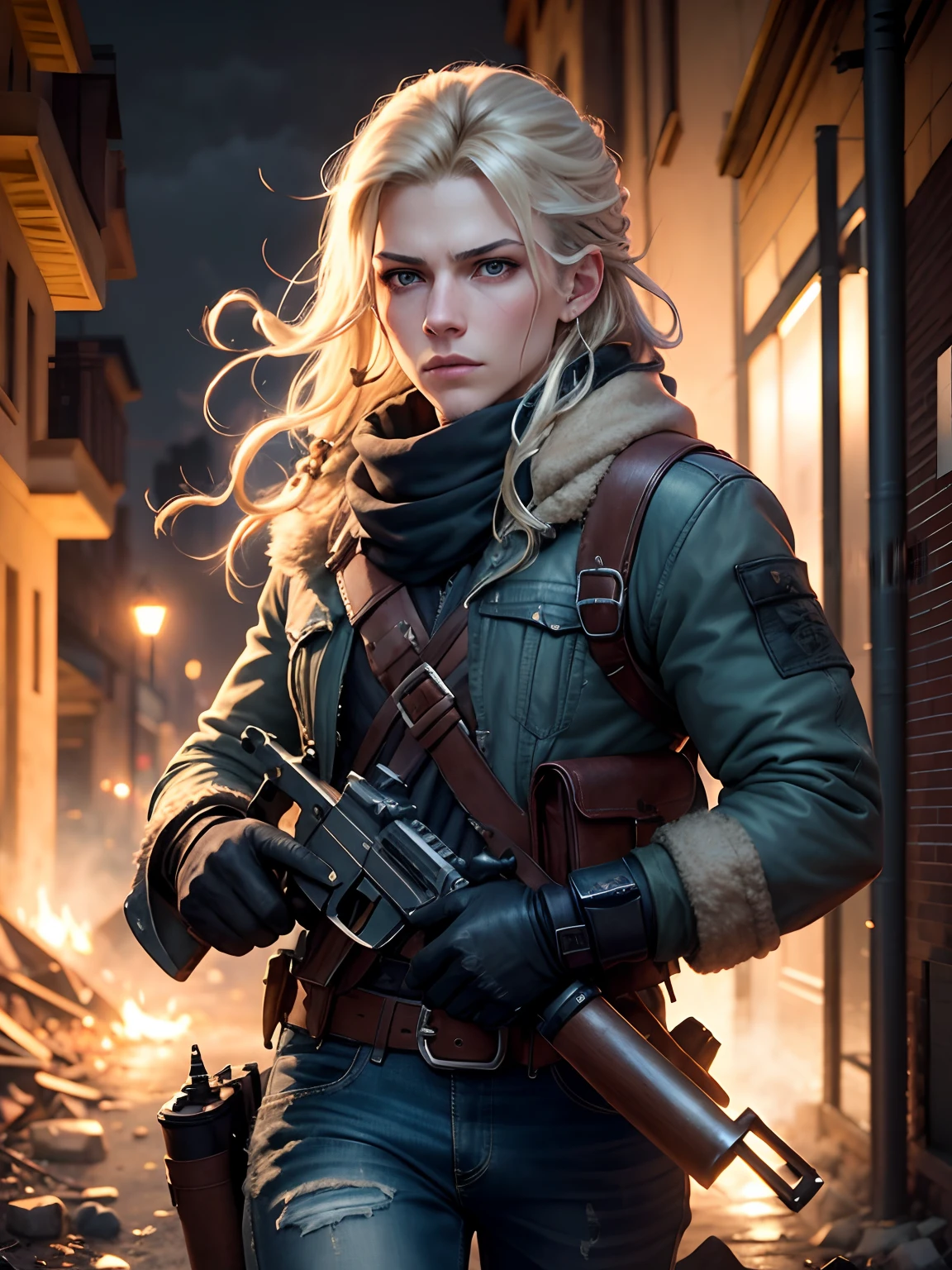 Dramatic lighting, deep shadows, ruined street, rubble, fires, smoke, people running away, Katheryn Winnick, blonde dreadlocks blowing in the wind, pale blue eyes, determined frown, wearing scruffy blue waterproof jacket, keffiyeh, jeans, gloves, equipment belt with gun holster and scabbard, leaning against wall, peering about