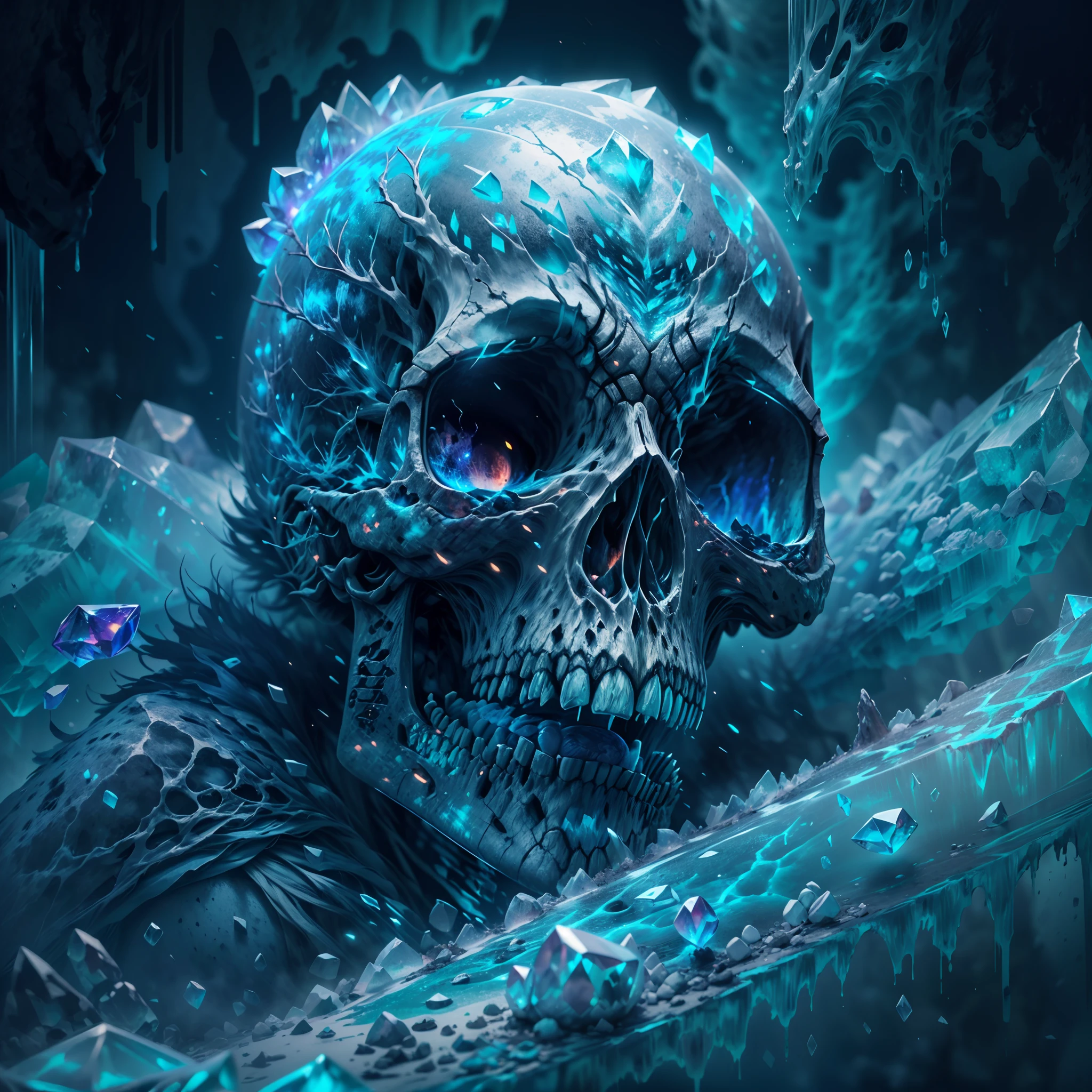 (best quality,4k,8k,highres,masterpiece:1.2),ultra-detailed,(realistic,photorealistic,photo-realistic:1.37),giant skull,super cool,long scary teeth,crystal clear ice rime cover,ultra close shot,sharp focus,extremely detailed rime structure,glowing blue ice,rime-covered eye sockets,imposing presence,ominous atmosphere,subtle cracks on the ice,menacing expression,slight mist surrounding the skull,dark background,surreal lighting,intense shadows,heavy textures,strong contrast,artistic flair,monochromatic color scheme,vivid white and blue tones,mesmerizing,haunting,horror aesthetics