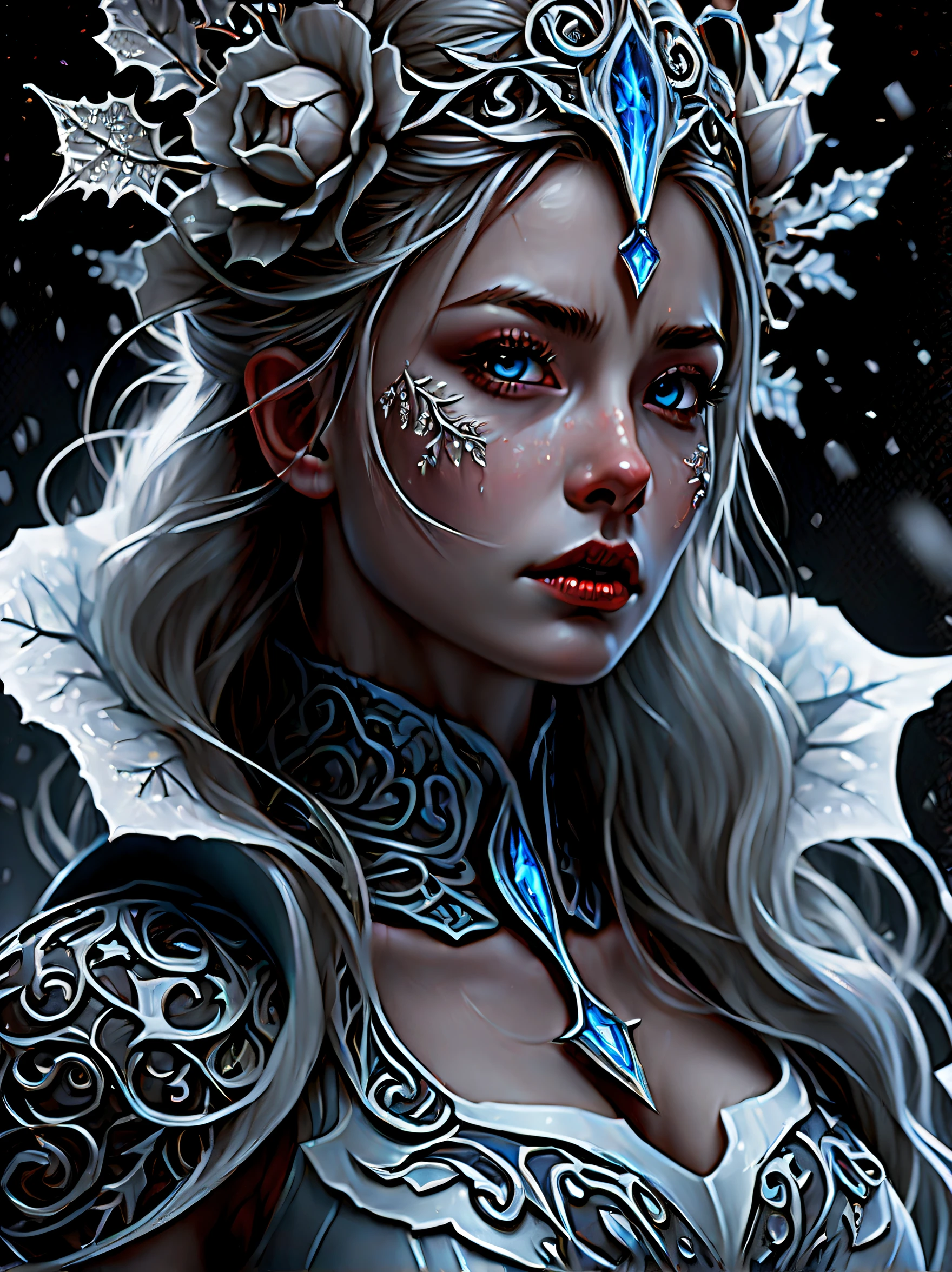 (((stunning intricate detailed Rim-Ice Ivy and the weird flower which were wound around illustration:1.5))), prepare to be amazed by this stunning illustration of a godly and sacred beauty snow-crafted-hair and rim-ice-craft-face, emerging from the frozen ground with an air of power and authority. (((the cursed queen grip on his frozen trident spear is unbreakable:1.2))), testament unyielding coating. (((stark contrast:1.3))), (((intense snow-flake glow eyes:1.3))), (filled with the fire of hatred eyes:1.1). (((bring along the undead army:1.3))), (((as he rises with snow falls around:1.3))), creating a breathtaking scene that will leave all in awe. (((intricate details texture and a range of stylistic renderings:1.4))), this image is sure to captivate all who see it, (((intricate insane details:1.3))), (((extremely intricate quality:1.3))),