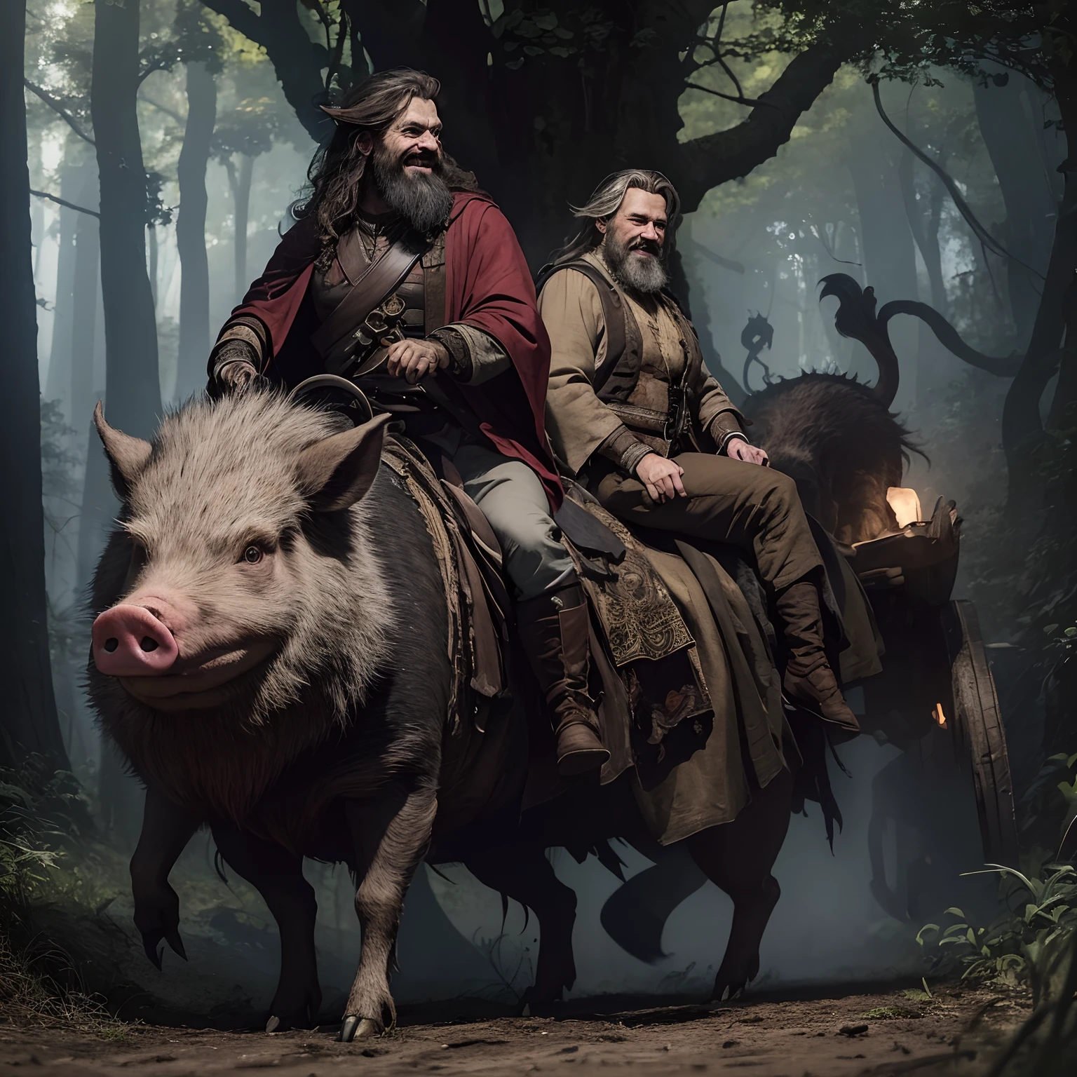 majicMIX horror model ,  Two bearded dwarfs dressed in beige robes ,  Riding a gray boar  , Their smiling faces are visible , Their legs are visible inserted into stirrups attached to the boar , Wild boar standing on the background of the forest , His four pig legs are visible , Its fangs are visible , Frontally everything. , ((tmasterpiece)), ((beste-Qualit)), higly detailed,, V0id (tmasterpiece: 1.3), (Best_Quality: 1.3), (ultra_Detailed: 1.3), 8K, extremely_Of course, 真实感, (Ultrarealist: 1.3), coloration, beutiful, HDR, Photorealistic, realisti,