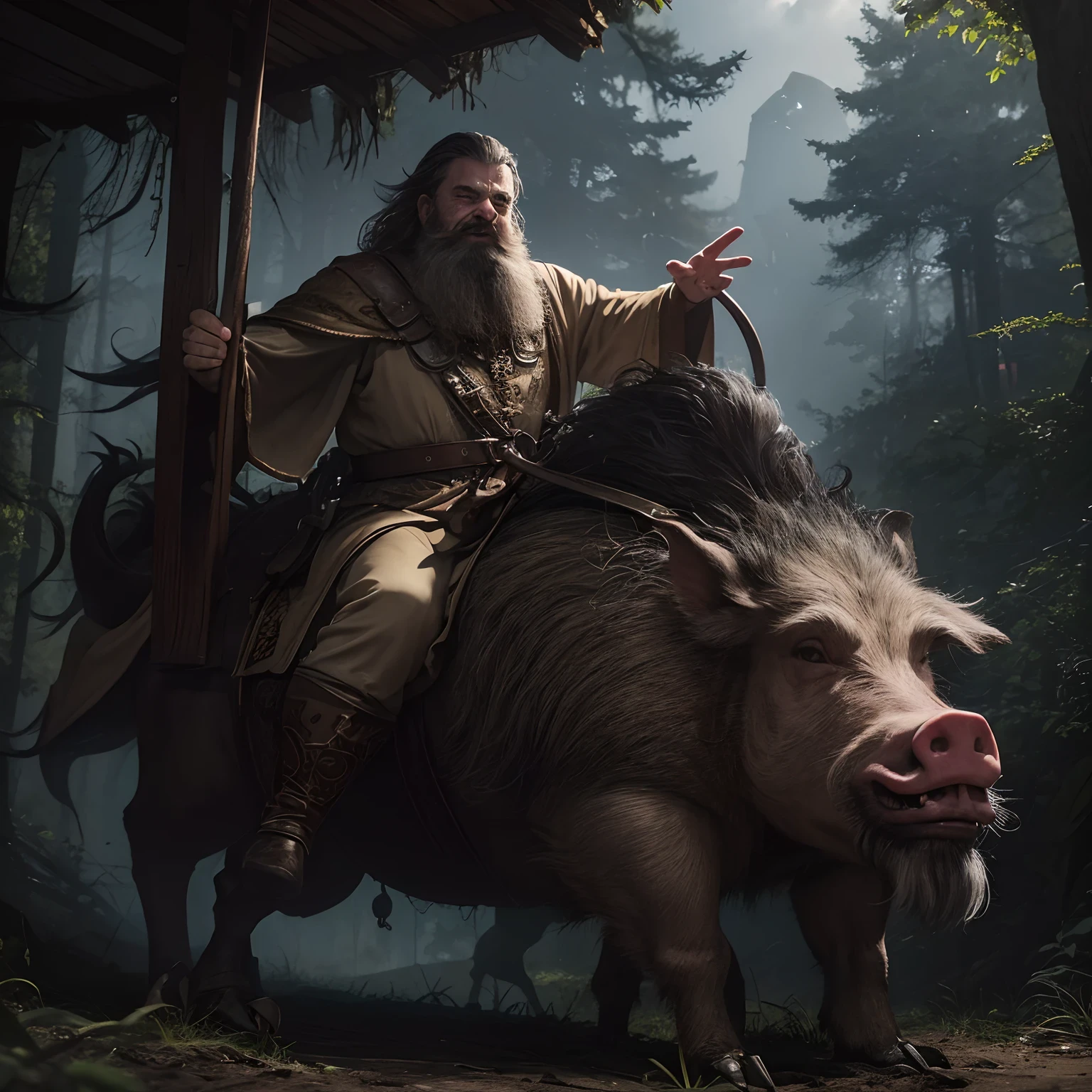 majicMIX horror model , Two bearded dwarfs dressed in beige robes , Riding a gray boar , Their smiling faces are visible , Their legs are visible inserted into stirrups attached to the boar , Wild boar standing on the background of the forest , His four pig legs are visible , Its fangs are visible , Frontally everything. , ((tmasterpiece)), ((beste-Qualit)), higly detailed,, V0id (tmasterpiece: 1.3), (Best_Quality: 1.3), (ultra_Detailed: 1.3), 8K, extremely_Of course, 真实感, (Ultrarealist: 1.3), coloration, beutiful, HDR, Photorealistic, realisti,