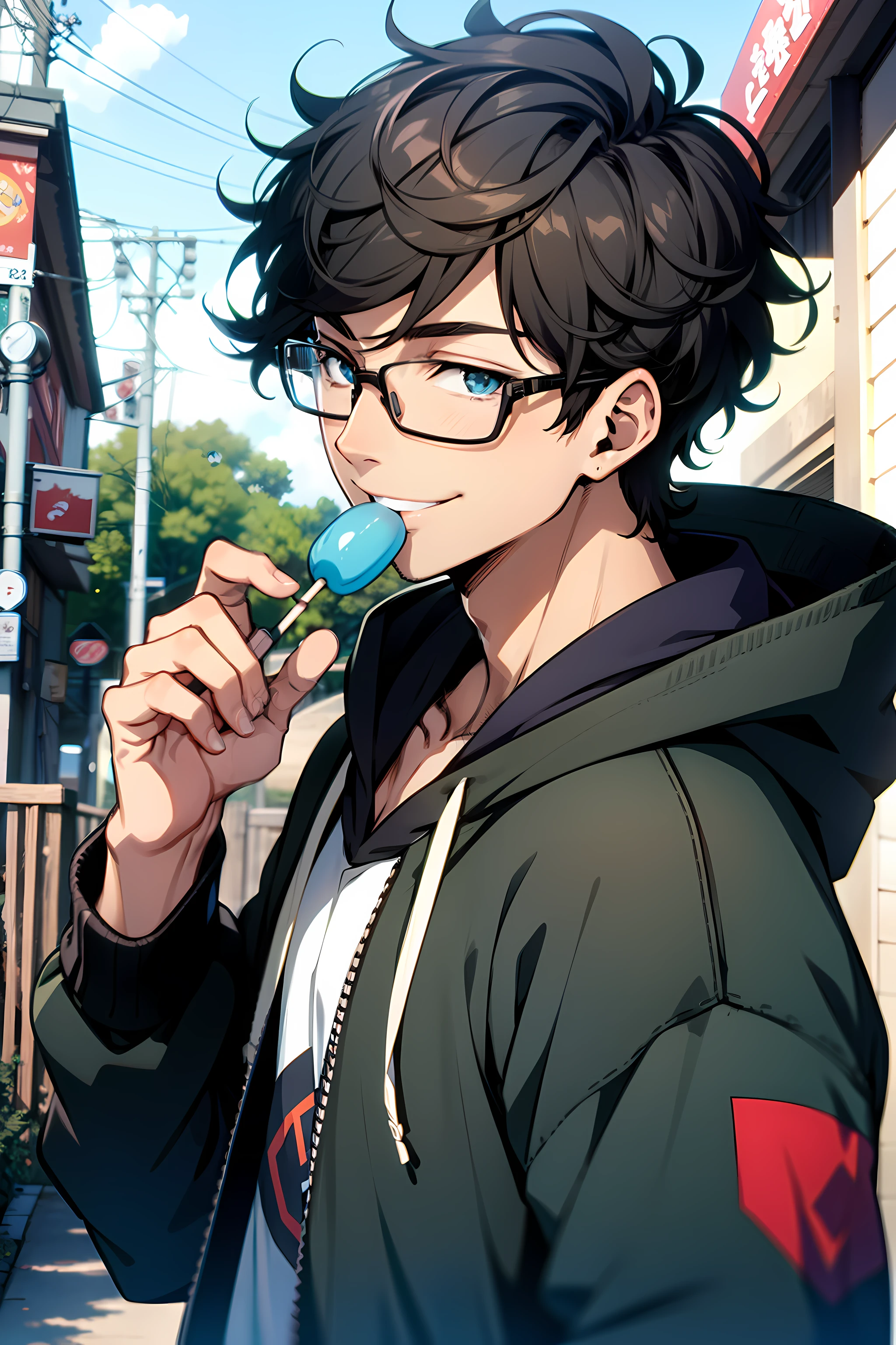 Handsome Anime boy, black curly hair, glasses, smiling, blue hoodie, eating a loilpop, looking bored, (1boy), high quality, Anime style