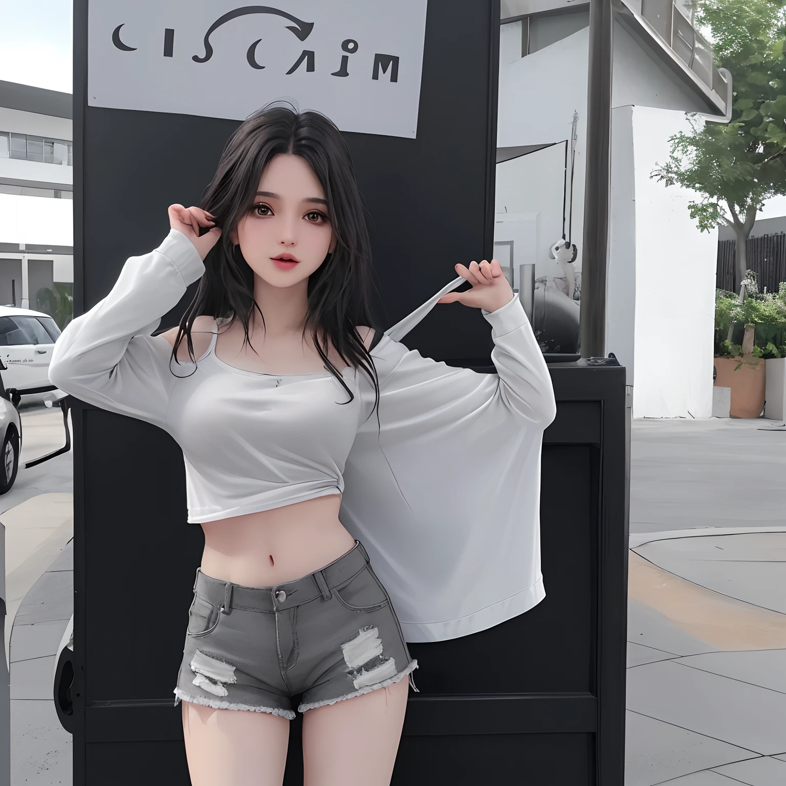 Chica sexy, cabello rubio, cabello por los hombres,cabello lacio, cabello rubio, ojos celestes, pale-skin, realista, cuerpo completo , imagen profesional, imagen perfecta, ropa gris, shorts gris. Realista, imagen perfecta