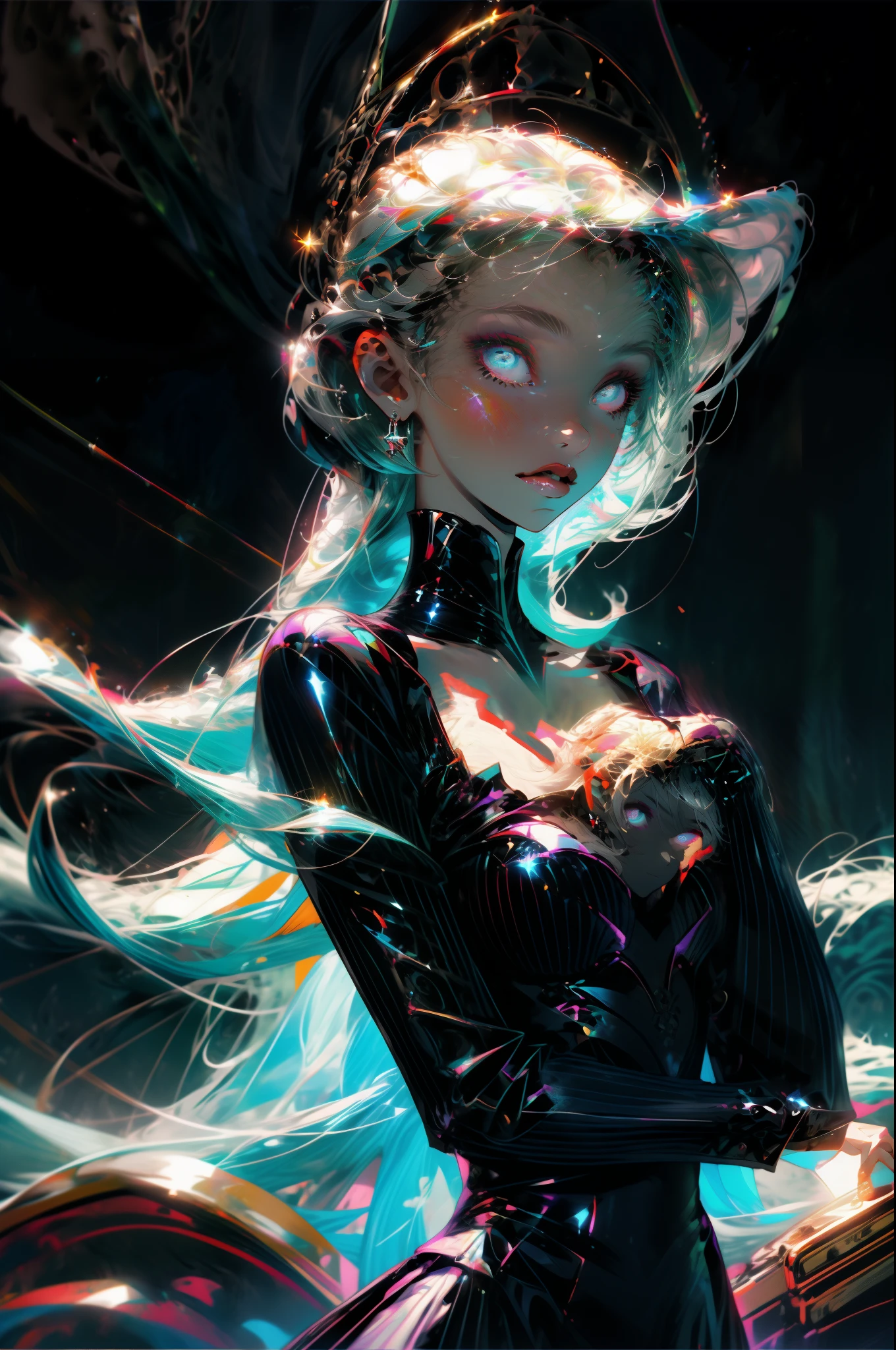 masterpiece、top-quality、超A high resolution、Fluorescent color、Cool Men、beautiful countenance、beautidful eyes、(off shoulders:1.2)、turn your head up、The upper part of the body、the woods、shinny hair、shinny skin、Shine Cut、Chibi、Finger Scale Coordination、black starlight dress、Particle