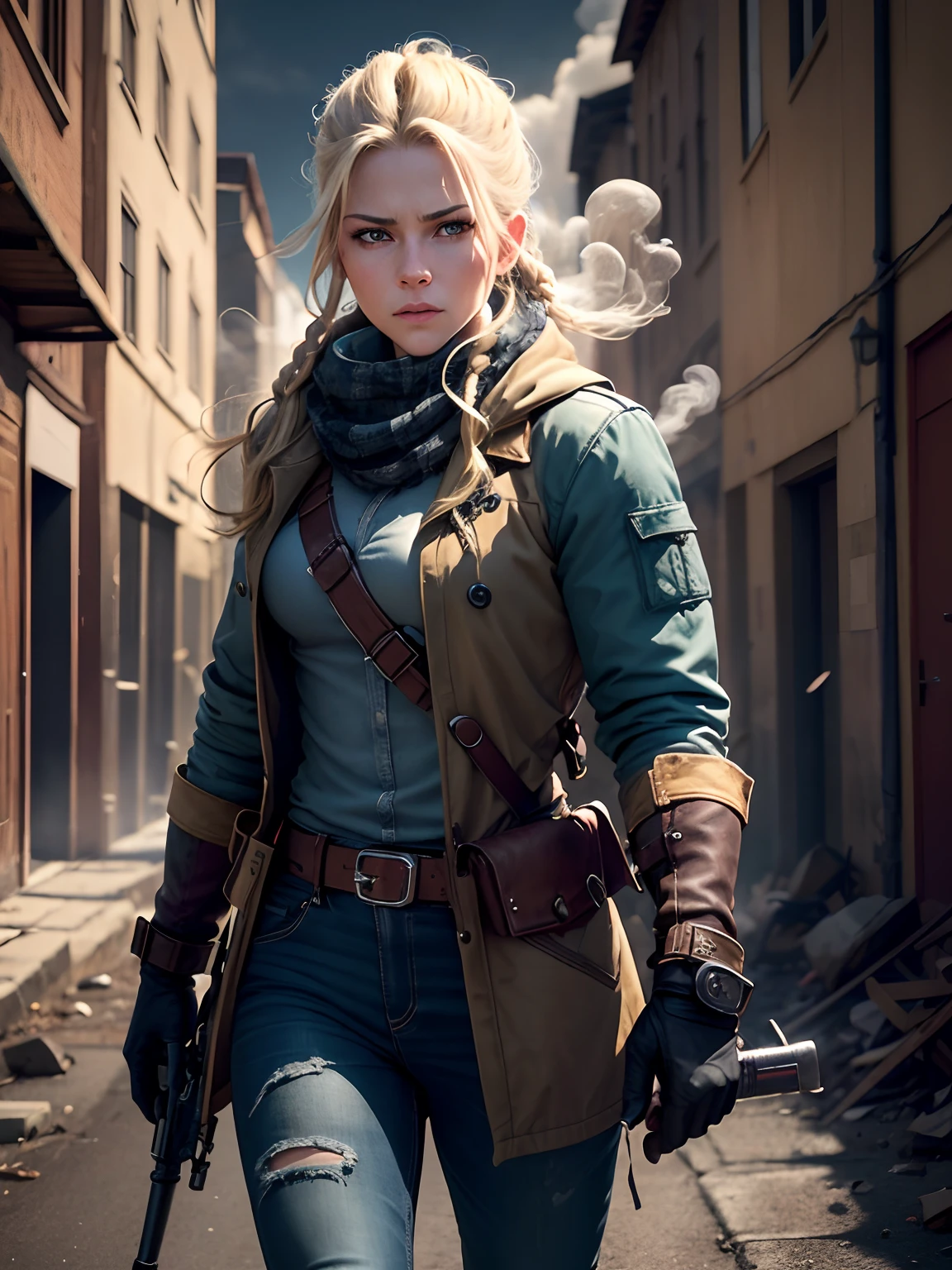 Dramatic lighting, deep shadows, ruined street, rubble, fires, smoke, people running away, Katheryn Winnick, blonde braids blowing in wind, pale blue eyes, determined frown, wearing scruffy blue goretex coat, keffiyeh, jeans, gloves, equipment belt with gun holster and scabbard, leaning against wall, peering about