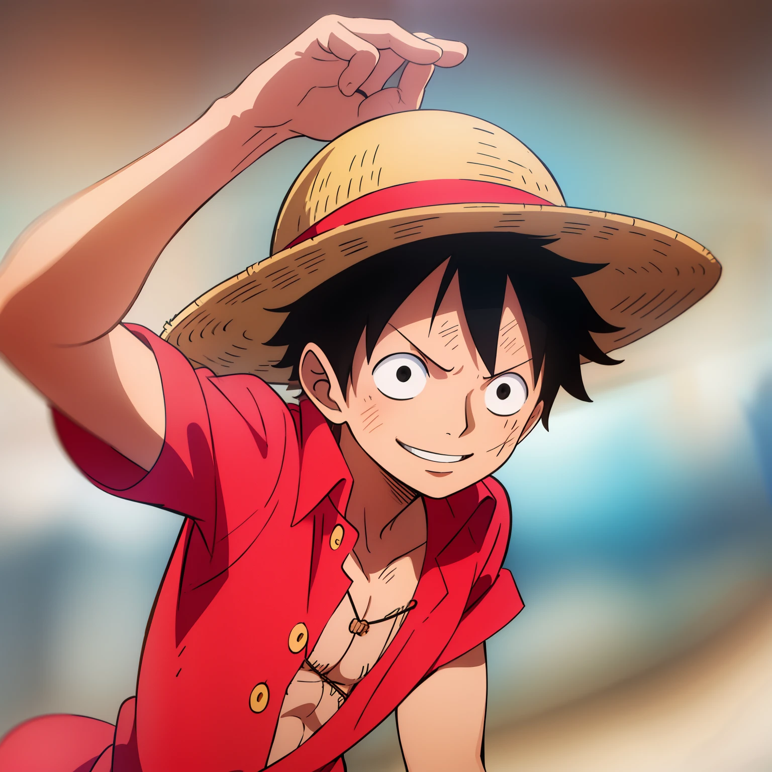 1boy, wanostyle, monkey d luffy, smiling, straw hat, looking at viewer, solo, upper body, ((masterpiece)), (best quality), (extremely detailed), depth of field, sketch, sharp focus, soft lighting, hdr, colorful, good composition, spectacular, closed shirt, anime screencap, scar under eye, ready to fight, black eyes, line art, sketchy, splatter color, colorful, pure, watercolor
