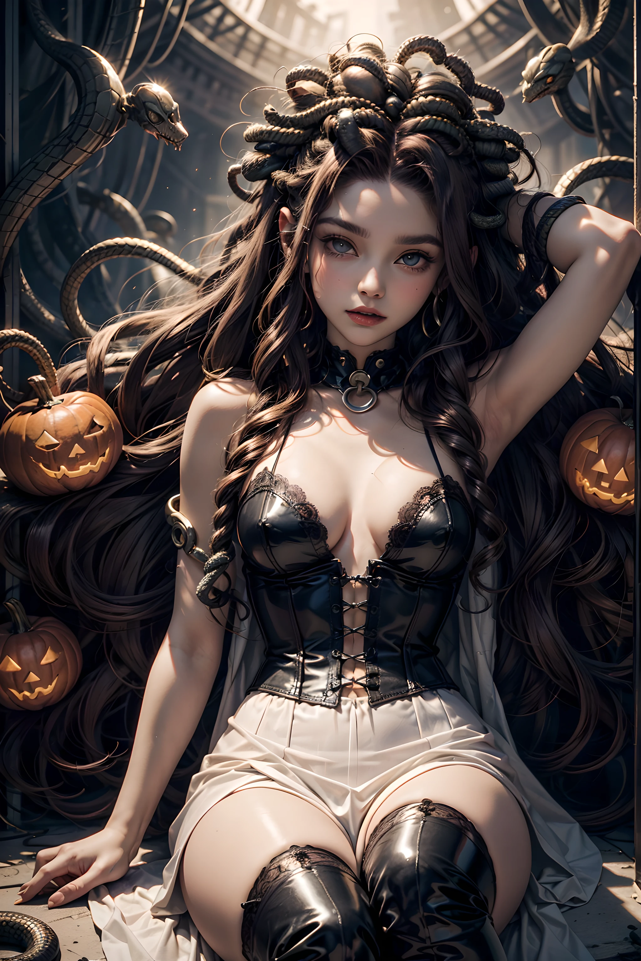 (Halloween theme:1.2), (fantasy:1.2), (dark theme:1.2), (film noir:1.3), monster girls, long hair, snakes, gorgon, snake hair, BREAK, Beautiful illustration, top-quality, (cute Russian medusa girl, white people:1.3, Caucasian:1.3), having medusa features, (medusa:1.5), BREAK, (medusa hair:1.5), (snake hair:1.3), (hair is composed of countless small snakes:1.3), (blue eyes, pale skin:1.1), (beautiful, 20 years old:1.5), slim, slender, (small-medium breasts), clean face:1.3, BREAK, (black elegant full lacy dress), (latex corset), (black latex stockings), (knee-high-over-boots, pin-hells), (insanely detailed clothes), BREAK, arms behind back, arms up on head, blue eyess, lovely thighs、(looking straight at the viewer), (view viewer:1.3), (upper body:1.3), from above, (fairytale:1.3), (Fantasy world halloween background:1.3), (jack O'lantern:1.3), (ghost:1.3), (playing ghost and jack O'lantern:1.3),