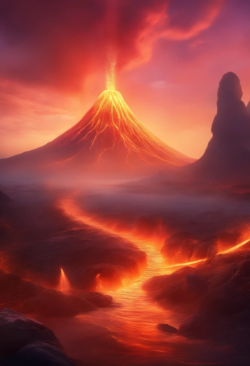 croissant fantasia, Luminismo, maya render, Cores de fogo, (Derretimento da lava), Extravagant volcano background, (8k, best quality, master part:1.2), (Realistic, photo-realistic:1.5),((ultra-detalhado))