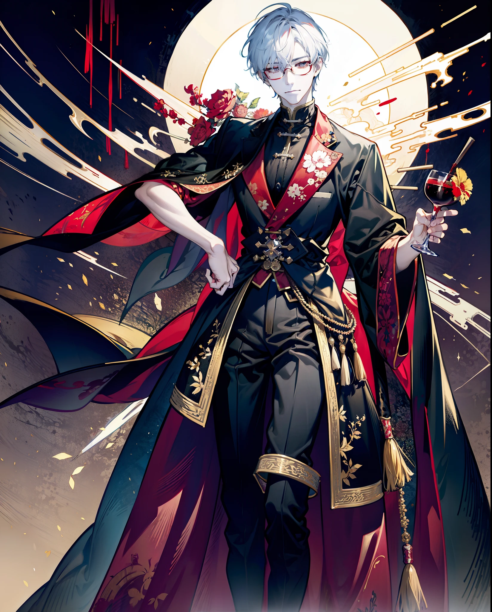 （hoang lap，A high resolution，ultra - detailed），1male people，AS-Adult，Vampires，fang，Handsome，Tall, well-proportioned and slender，a broad shouldered，finely quality eyes，white color hair，red color eyes，详细的脸，thrones，Optimal proportions，ssmile，frivolous，Blood at the corners of the mouth，extravagant dress，goblet，red wine，Medieval room，Western Fantasy，Unilateral glasses