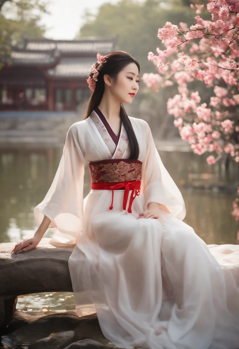 Hanfu, 1girl in, medium breasts, cleavage, mont, Soaking the feet, Sitting, chinese park background,white thighhig,clear water,(Feet:1.3), Too many flowers,