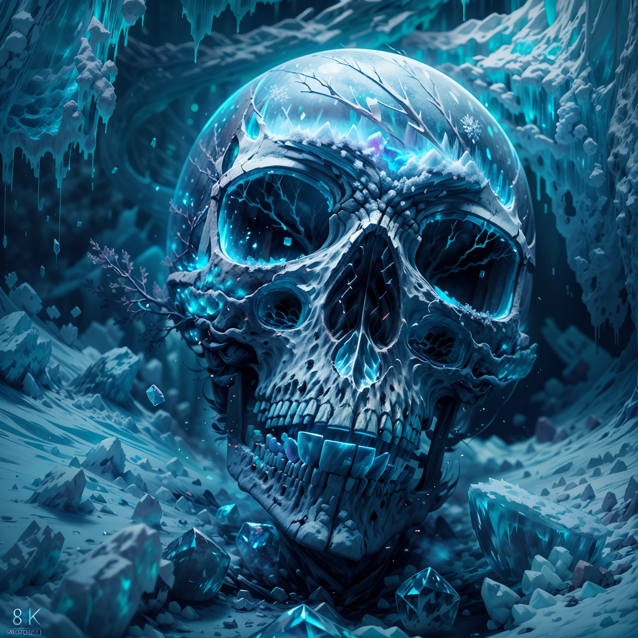 (best quality,4k,8k,highres,masterpiece:1.2),ultra-detailed,(realistic,photorealistic,photo-realistic:1.37),giant skull,super cool,long scary teeth,crystal clear ice rime cover,ultra close shot,sharp focus,extremely detailed rime structure,glowing blue ice rime,(super detailed rime ice),,rime-covered eye sockets,imposing presence,ominous atmosphere,subtle cracks on the ice,menacing expression,slight mist surrounding the skull,dark background,surreal lighting,intense shadows,heavy textures,strong contrast,artistic flair,monochromatic color scheme,vivid white and blue tones,mesmerizing,haunting,horror aesthetics