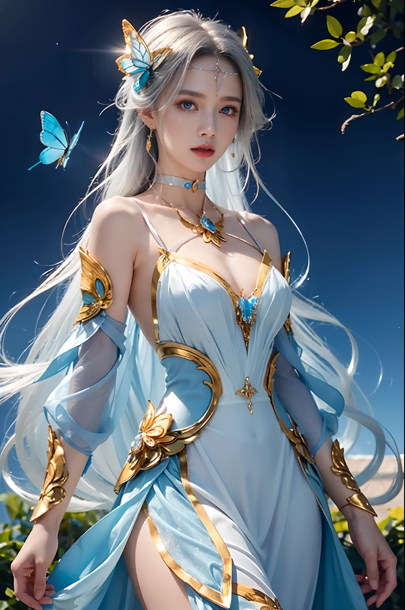 Masterpiece, 8K、HDR,Beautiful and delicate silver long hair、Clear blue eyes、Beautiful lips with transparency、butterfly Pure white choker in the shape of、Blue dress with chest exposed、Gold and Jewel 、Gold Circlet、 Beautiful Goddess , hip up