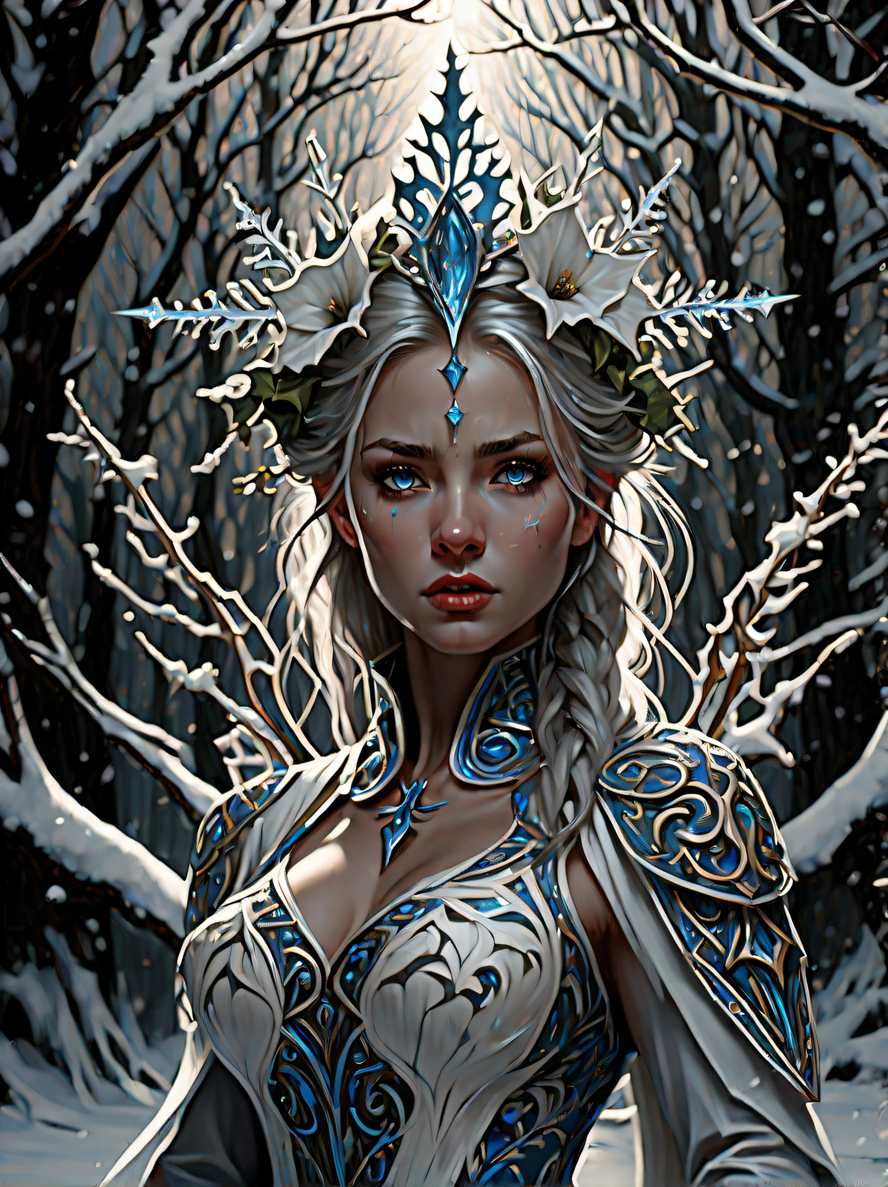 (((stunning intricate detailed Rim-Ice Ivy and the weird flower which were wound around illustration:1.5))), prepare to be amazed by this stunning illustration of a godly and sacred beauty snow-crafted-hair and rim-ice-craft-face, (an air of power and authority:1.3), (((the cursed queen grip on his frozen trident spear is unbreakable:1.2))), (((rim ice wish:1.3))), testament unyielding coating, (((stark contrast:1.3))), (((intense snow-flake glow eyes:1.3))), (((as he rises with snow falls around:1.3))), creating a breathtaking scene that will leave all in awe, (((intricate details texture and a range of stylistic renderings:1.4))), (beautiful detail glow white glass skin:1.1), (((intricate insane details:1.3))), (((extremely intricate quality:1.3))),