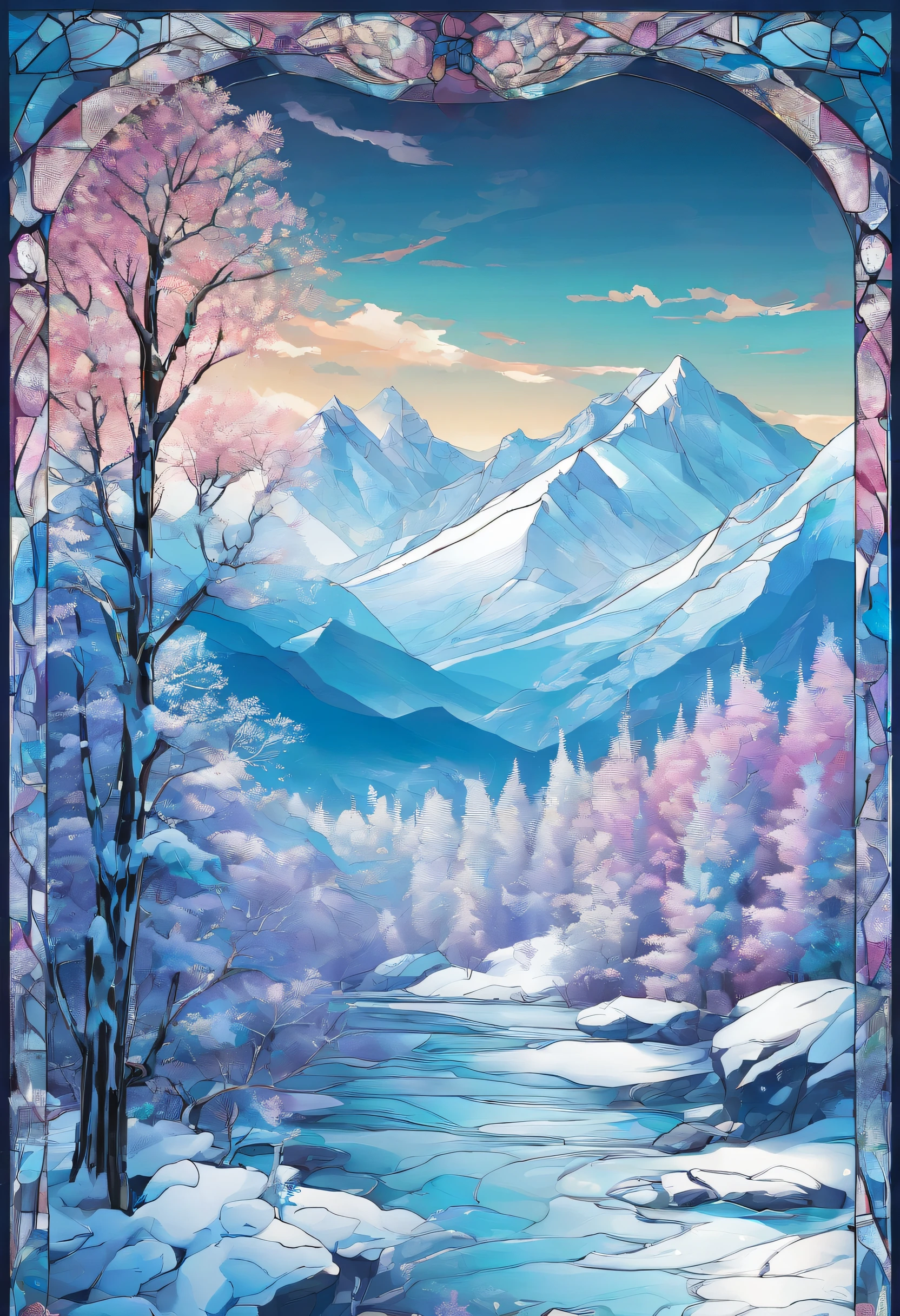 masutepiece、top-quality、A hyper-realistic、Photorealsitic、ultra-detailliert、(((Trees on snowy mountains in the middle of winter against the background of azure sky々The beauty of delicate ice crystals and snow that arrives throughout))):1,9、((Thick fog flowing through a snowy mountain forest)):1.5