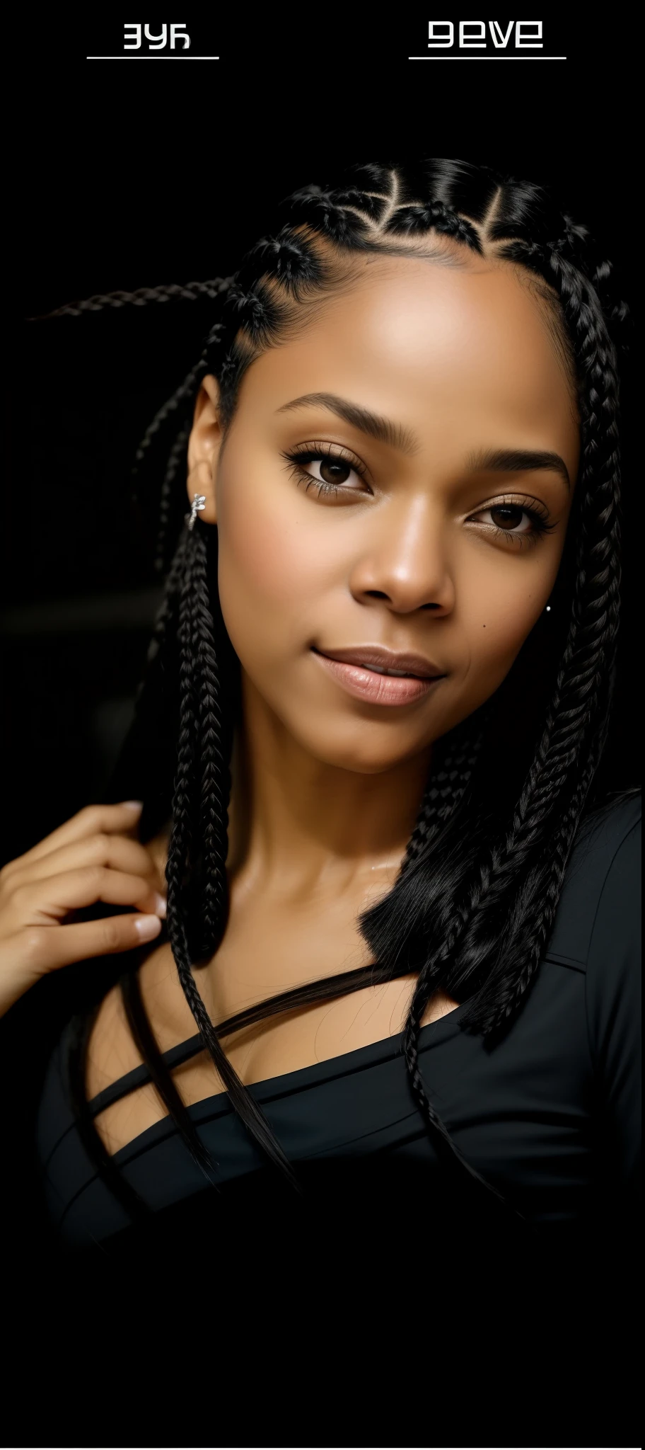 A closeup of a woman with a black top and a braid, Mulher de 30 anos de Cuba, box braids, Ela tem pele marrom oliva, black hair in braids, blue braided hair, Retrato de Ororo Munroe, Tessa Thompson inspirada, close-upheadshot impressionante, mulher de cabelo azul curto, usando cabelos prateados, her hair is silver