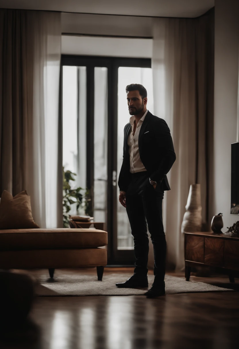 Retrato Homem rico, terno preto em um apartamento luxuoso