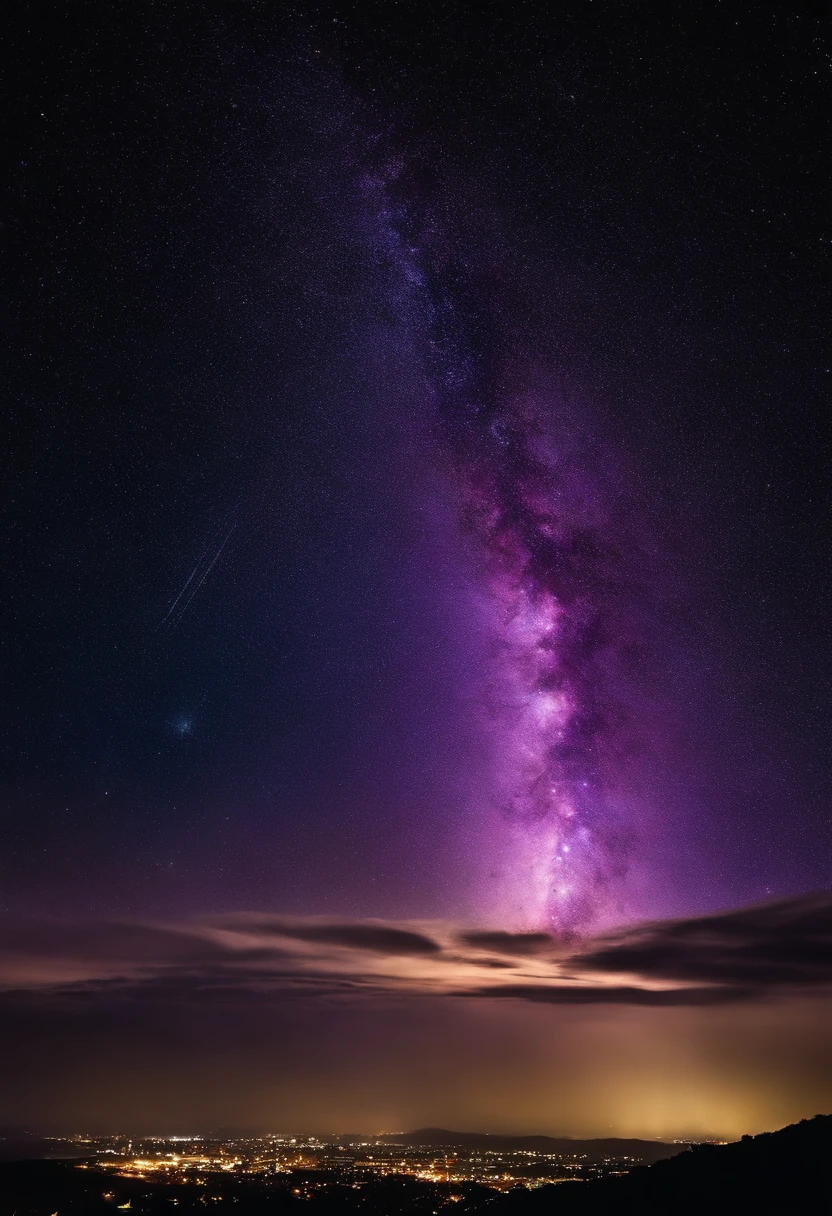 Night sky of a city, with one hand in the background, Cosmic Explosions, creation of the universe, nebulosas, quasares, azul, roxo, rosa, galaxy collisions, estrelas, Unexplained Universe