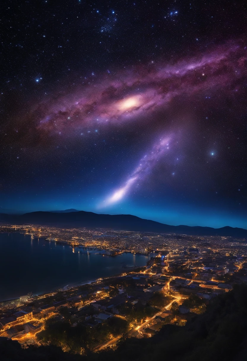 Night sky of a city, with one hand in the background, Cosmic Explosions, creation of the universe, nebulosas, quasares, azul, roxo, rosa, galaxy collisions, estrelas, Unexplained Universe