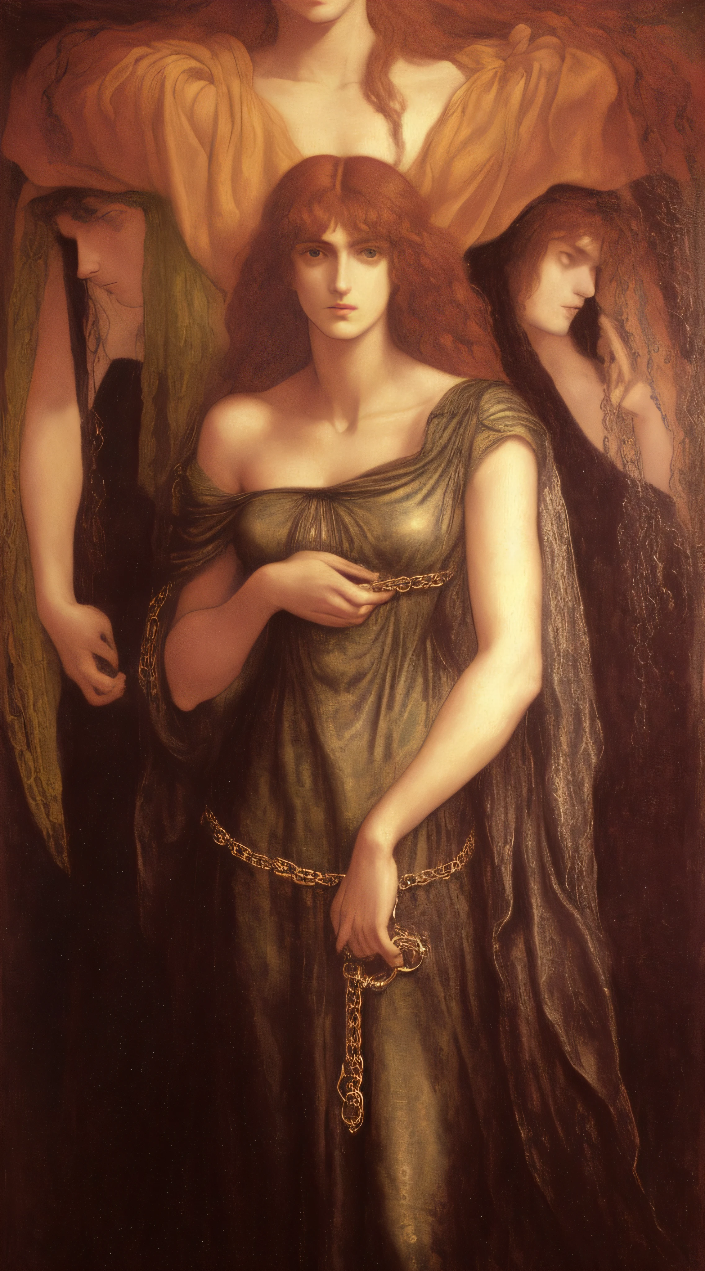 painting of a woman with a chain around her neck, by Dante Gabriel Rossetti, inspired by William Blake Richmond, y pre-raphaelite, pre - raphaelite beautiful, pre - raphaelitism, pre-raphaelitism, edward burne jones, by William Blake Richmond, by Edward Burne-Jones, style of dante gabriel rossetti, pre - raphaelite painting
