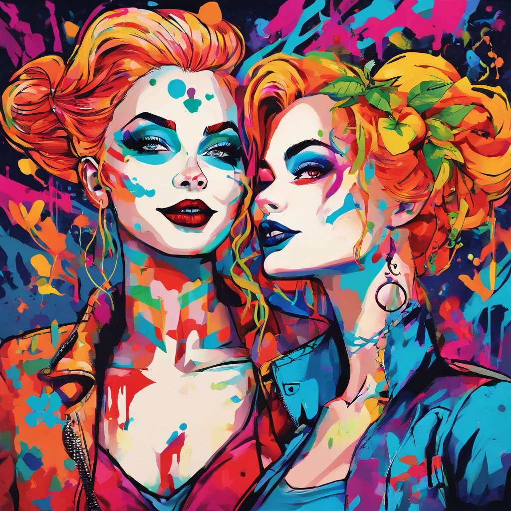 painting of harley quinn and Poison Ivy. With bright colors, a pop art painting by Kubisi art, behance contest winner, figurative art, fauvism, pop art, Oil painting bright colours using a pallet knife