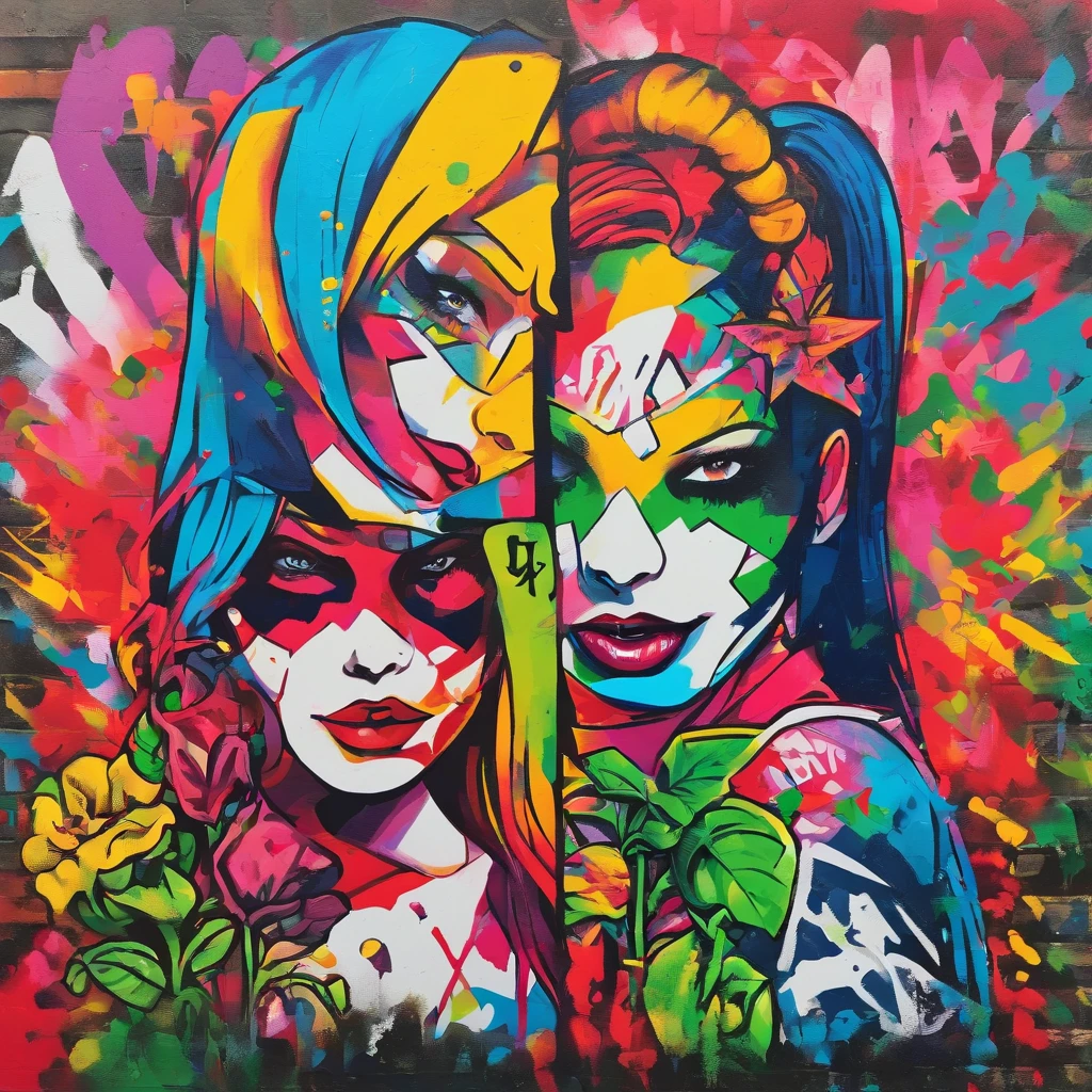 painting of harley quinn and Poison Ivy. With bright colors, a pop art painting by Kubisi art, behance contest winner, figurative art, fauvism, pop art, Oil painting bright colours using a pallet knife