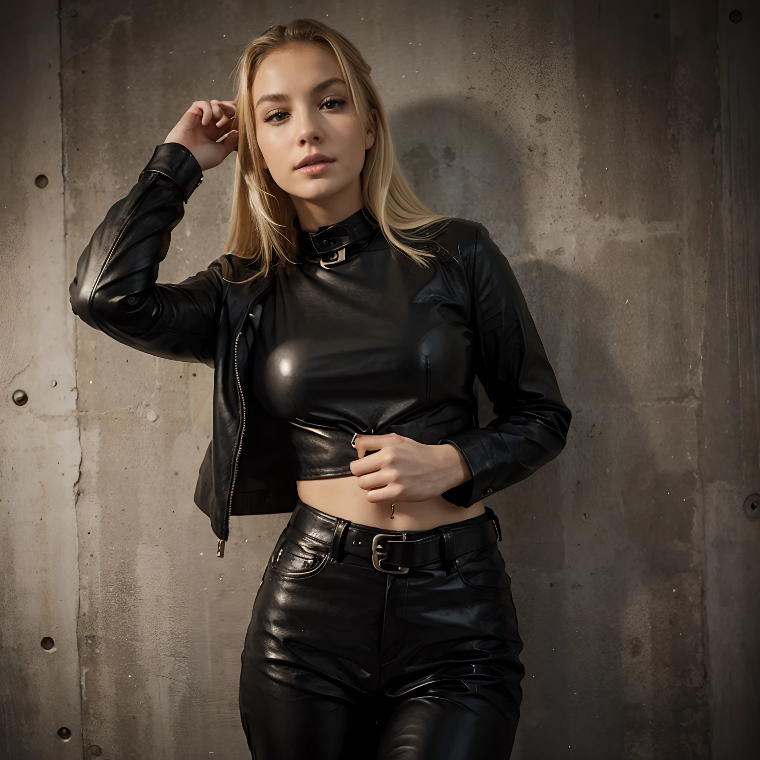 Blonde girl in black leather clothes with handcuff
