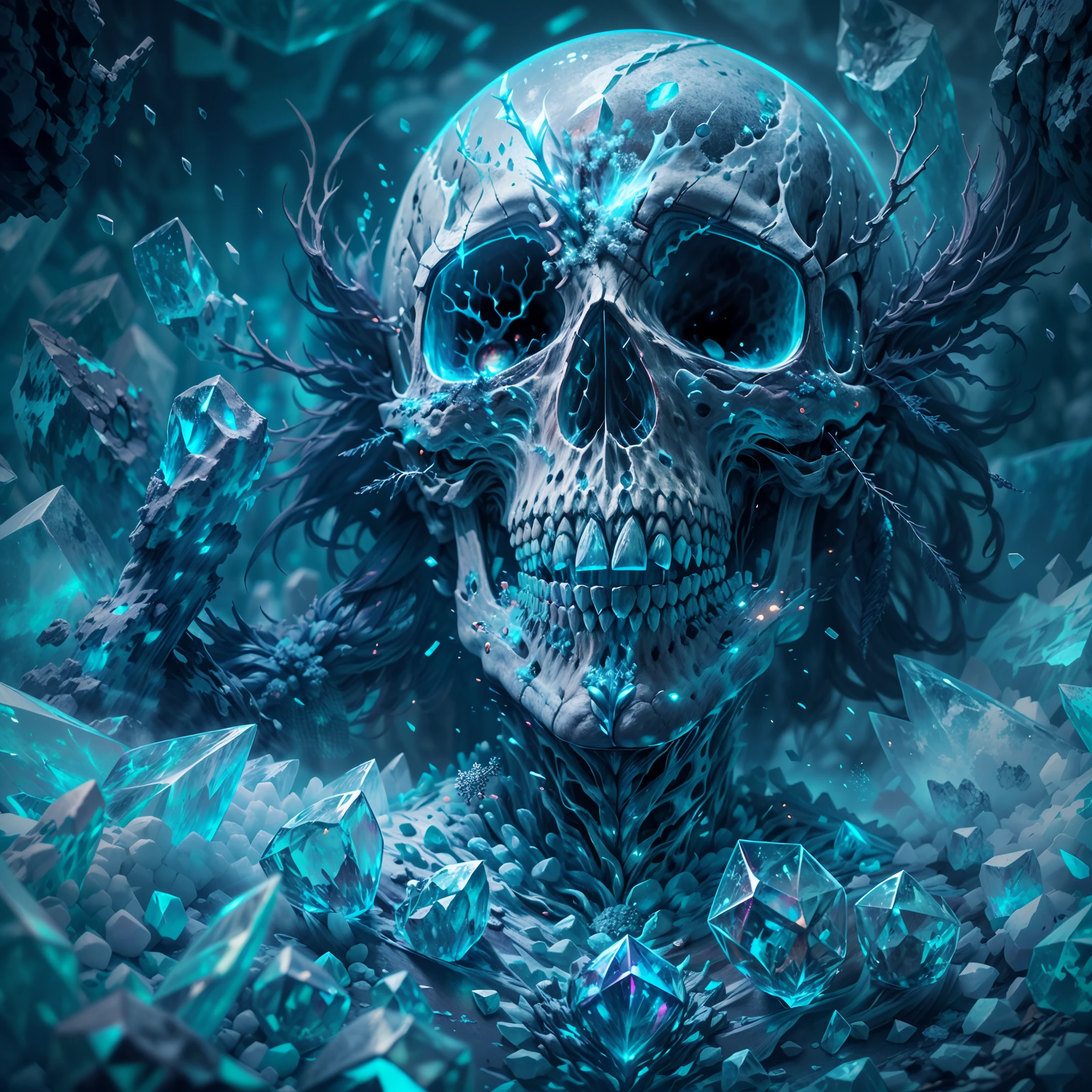 (best quality,4k,8k,highres,masterpiece:1.2),ultra-detailed,(realistic,photorealistic,photo-realistic:1.37),giant skull,super cool,long scary teeth,crystal clear ice rime cover,ultra close shot,sharp focus,extremely detailed rime structure,glowing blue ice rime,(super detailed rime ice),,rime-covered eye sockets,imposing presence,ominous atmosphere,subtle cracks on the ice,menacing expression,slight mist surrounding the skull,dark background,surreal lighting,intense shadows,heavy textures,strong contrast,artistic flair,monochromatic color scheme,vivid white and blue tones,mesmerizing,haunting,horror aesthetics