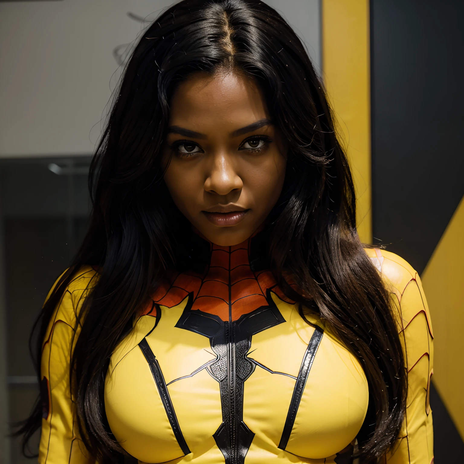 Marvel comic panel, spiderman character, 25 years old black woman with yellow eyes, black medium long hair, black and yellow spiderman suit