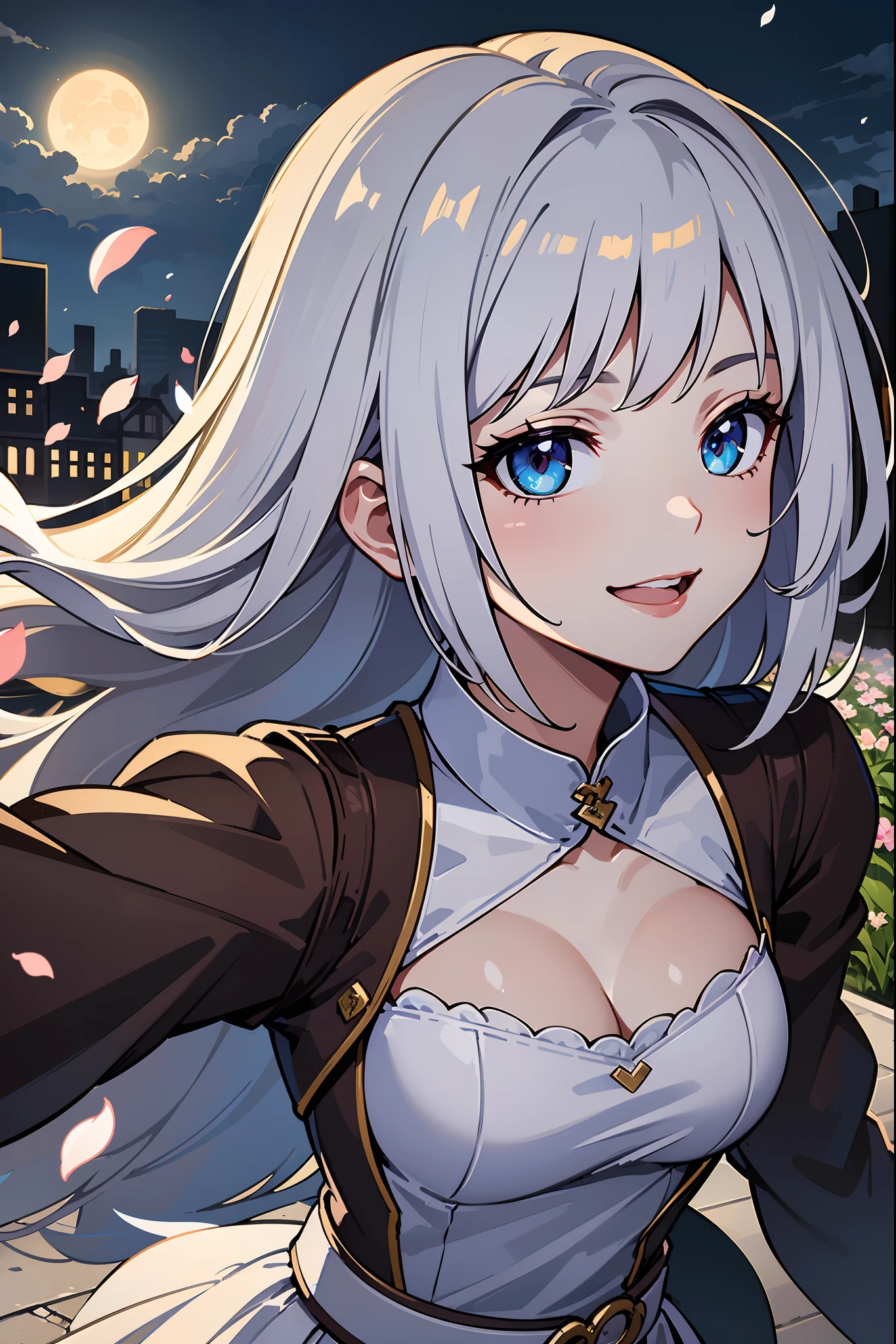 masterpiece, best quality,, 1girl, (colorful),(finely detailed beautiful eyes and detailed face),cinematic lighting,bust shot,extremely detailed CG unity 8k wallpaper,white hair,solo,smile,intricate skirt,((flying petal)),(Flowery meadow), sky, cloudy_sky, building, moonlight, moon, night, (dark theme:1.3), light, fantasy,