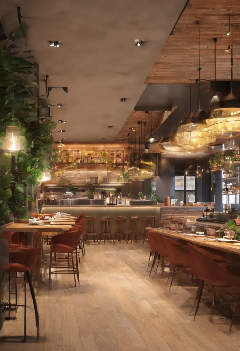 Floor plan of a 120m2 3D restaurant with space divisions, in high resolution 4K