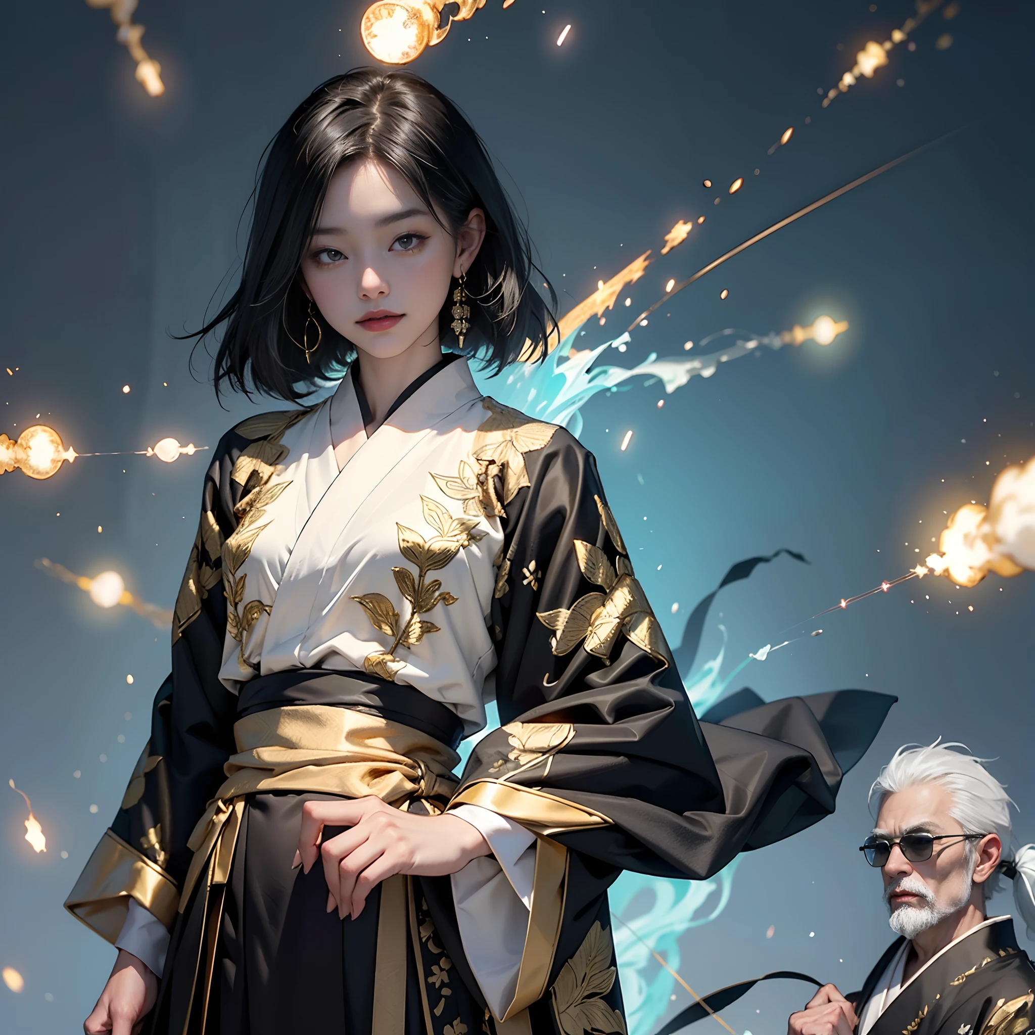 (rokoko:1.5),Background of details(A city that is exploding),BREAK ,elaborate costume(Luxury kimono(Black kimono(detailed embroidery(blanche,golds)))),BREAK,(1 Beautiful and classy adult woman(Shy smile:1.2)(Japanese actressl:1.2)(A dark-haired(short-hair:1.2))),(eye glass(four corners:1.2)),(It's firing magic:1.5),BREAK,Wallpapers 16K,Blur the background,)(masutepiece,Best Quality,Portrait photos):1.5),full body Esbian