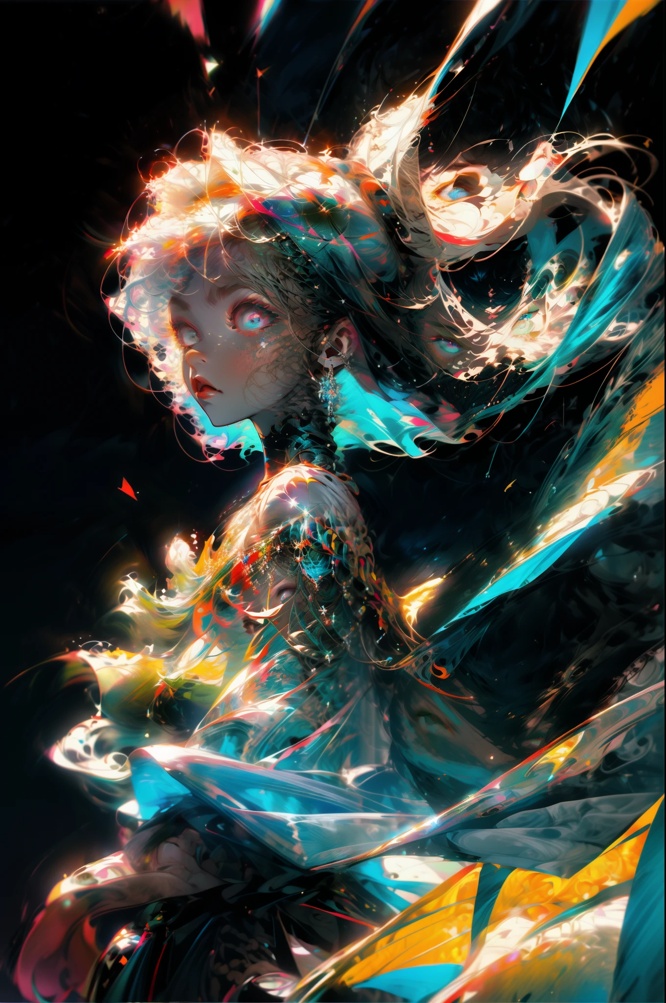 masterpiece、top-quality、超A high resolution、Fluorescent color、Cool Men、beautiful countenance、beautidful eyes、(off shoulders:1.2)、turn your head up、The upper part of the body、the woods、shinny hair、shinny skin、Shine Cut、Chibi、Finger Scale Coordination、black starlight dress、Particle