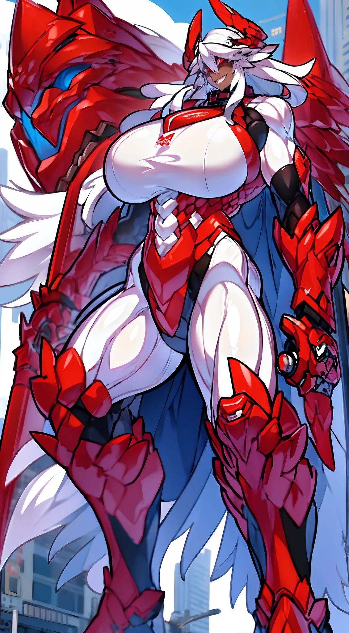 Felicia, fire dragon girl, half fire dragon, fire dragon parts, Blue hair, Green eyes, busty, big breasts, big ass, happy, smile, sexy red armor, lewd, in the Room, 