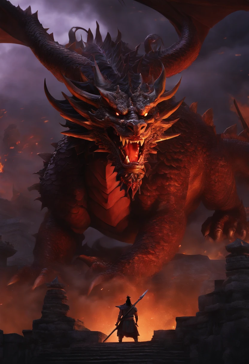 (Best quality,4K,8K,A high resolution,Masterpiece:1.2),Ultra-detailed,(Realistic,Photorealistic,photo-realistic:1.37),Oil painting,
Kaido in dragon form dominates the scene, His huge, muscular body coiled around a crumbling ancient castle. The meticulous scales on his body shone with bright colors, From fiery red and orange to deep red, Mystical purple and black. The texture of the dragon scales is very detailed, Capture every intricate pattern and individual proportions. Kaido's piercing yellow eyes, Full of determination and strength, is emphasized, and his sharp sword