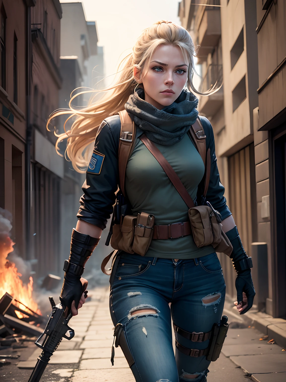 Dramatic lighting, deep shadows, closer, ruined street, rubble, fires, smoke, people running away, one woman, Katheryn Winnick, blonde braided hair blowing in wind, pale blue eyes, determined frown, wearing scruffy blue goretex coat, keffiyeh, jeans, tactical gloves, equipment belt with gun holster and scabbard, leaning against wall, peering to side