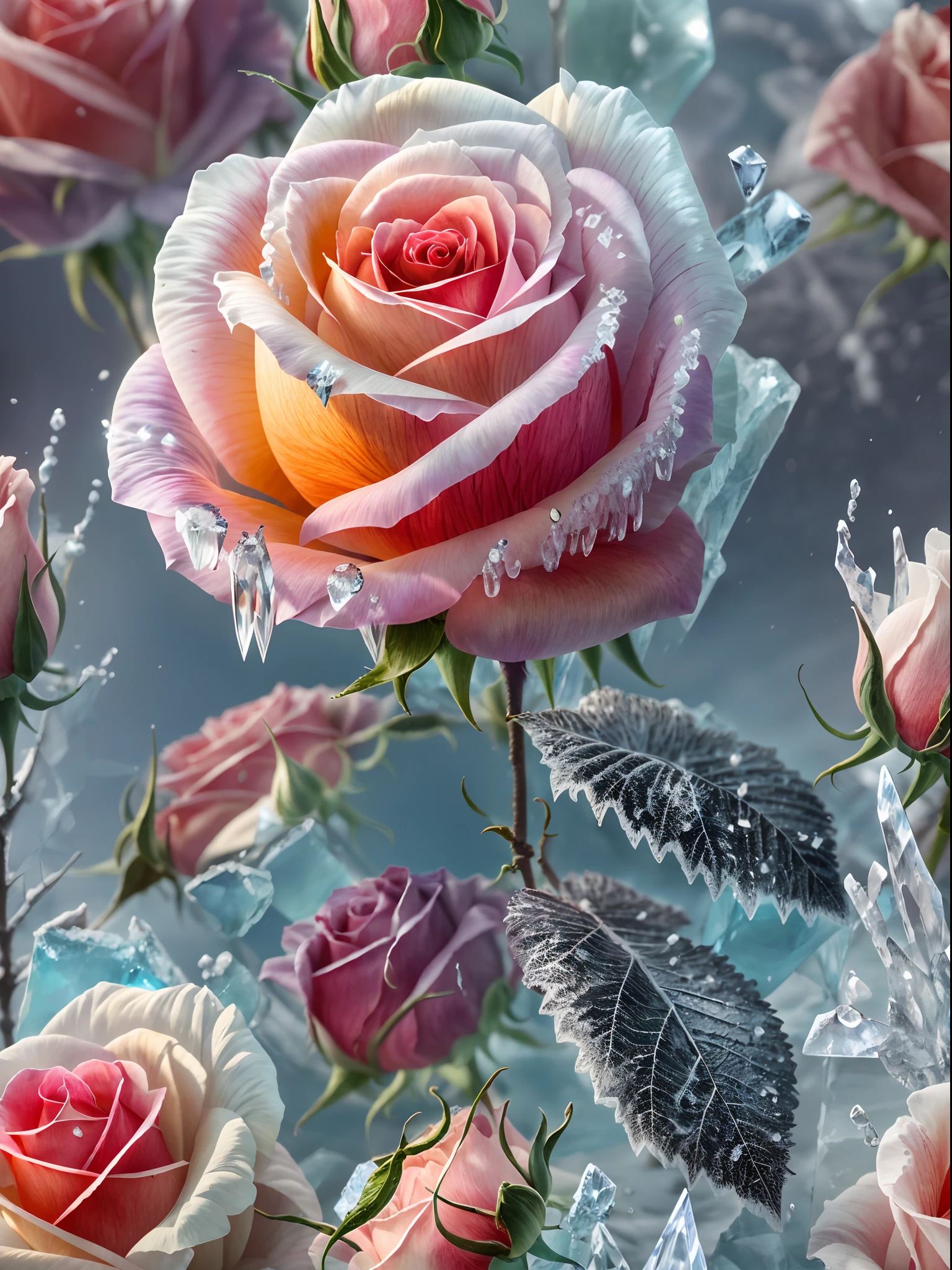 A colorful cool rose covered by ice rime, with (best quality, 4k, highres) resolution, and (realistic:1.37) rendering to enhance details and realism. The rose is depicted with (vivid colors) to bring out its beauty, and the image is captured with (sharp focus) to ensure clear and crisp details. The rose is coated with a layer of rime ice, which adds a touch of elegance and creates a unique combination of soft and hard textures. The ice rime reflects the surrounding light, creating a mesmerizing play of colors and shades. The overall lighting highlights the delicate petals and intricate details of the rose, adding depth and dimension to the image.