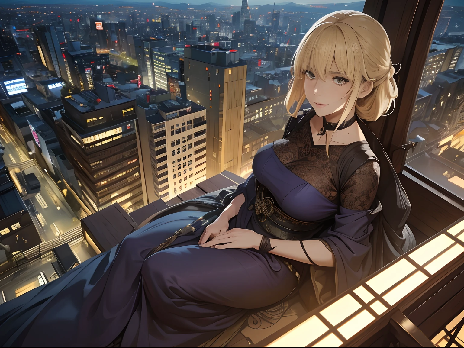 Arthur Rackham, Margaret Tarrant, Surreal, mysterious, strange, fantastical, fantasy, Sci-fi, Japanese anime, Tokyo city area, Alice, a 100 meter tall giant blonde beautiful girl lying in the valley between buildings, perfect body, bird's eye view, Tokyo Tower, detailed masterpiece high resolution definition quality, depth of field cinematic lighting view from above