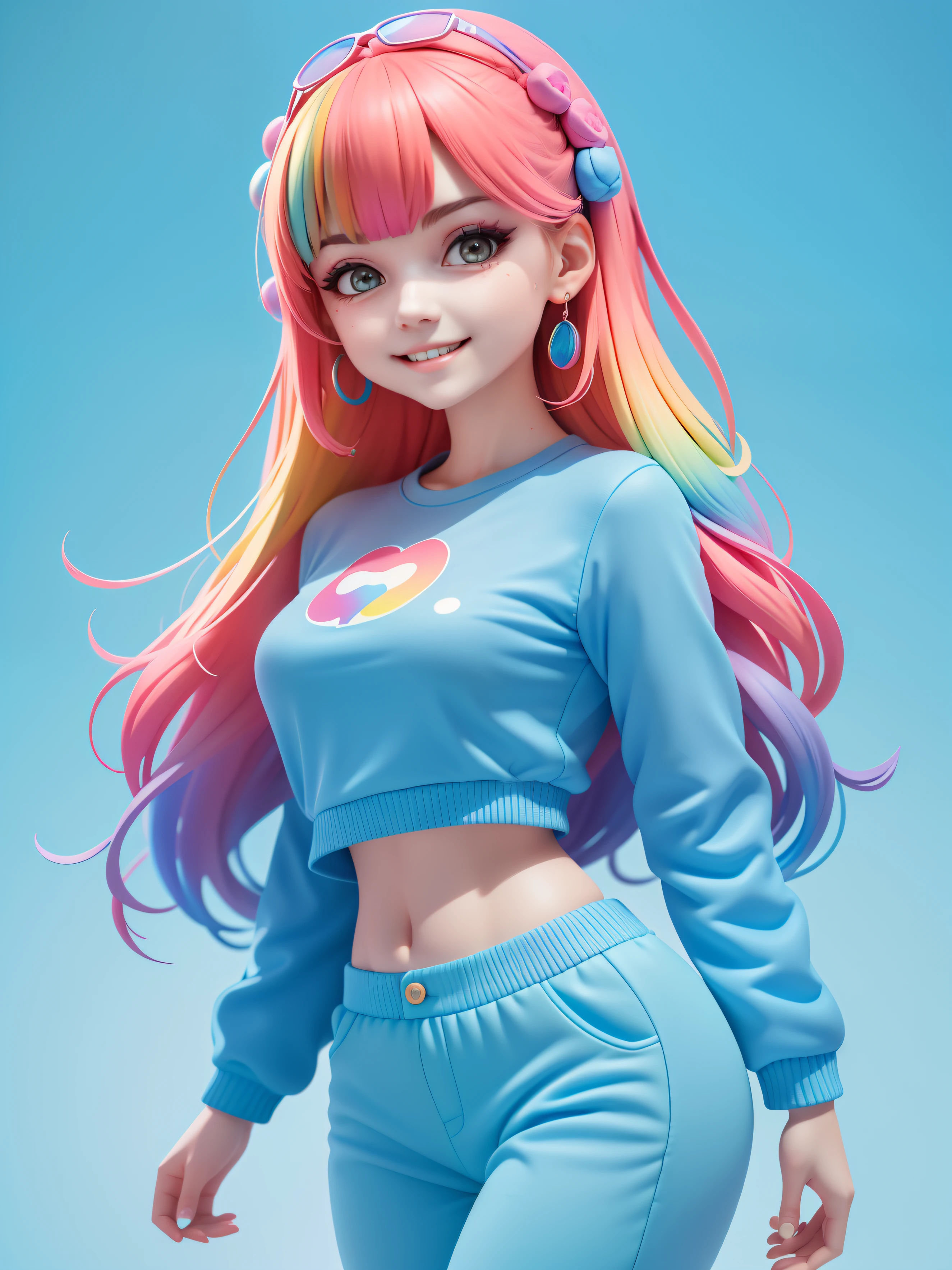 (tmasterpiece), (best qualityer), (ultra - detailed), (full bodyesbian: 1.2) Cute cute girl,real-time,Sky blue T-shirt, Knitted jumpsuit, Pants, jaket, Blouse, Hefty Smile, full bodyesbian, :3, multicolored hair, Pastel tonal background , extremely colorful,، simple.