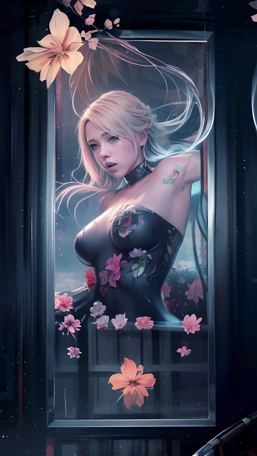 Scarlett Johansson in A botanical masterpiece in the style of Marco Mazzoni, detailed, hyper-realistic, front view, elemets of symbolism and surrealism, a painting by mse a attractive seductive Scarlett Johansson by agnes cecile, luminous design, pastel colours, ink drips, spring lights, intricate design, looking to the viewer intertwined, beautiful attractive seductive Scarlett Johansson, flowers, pastel, looking to the viewer, front view
