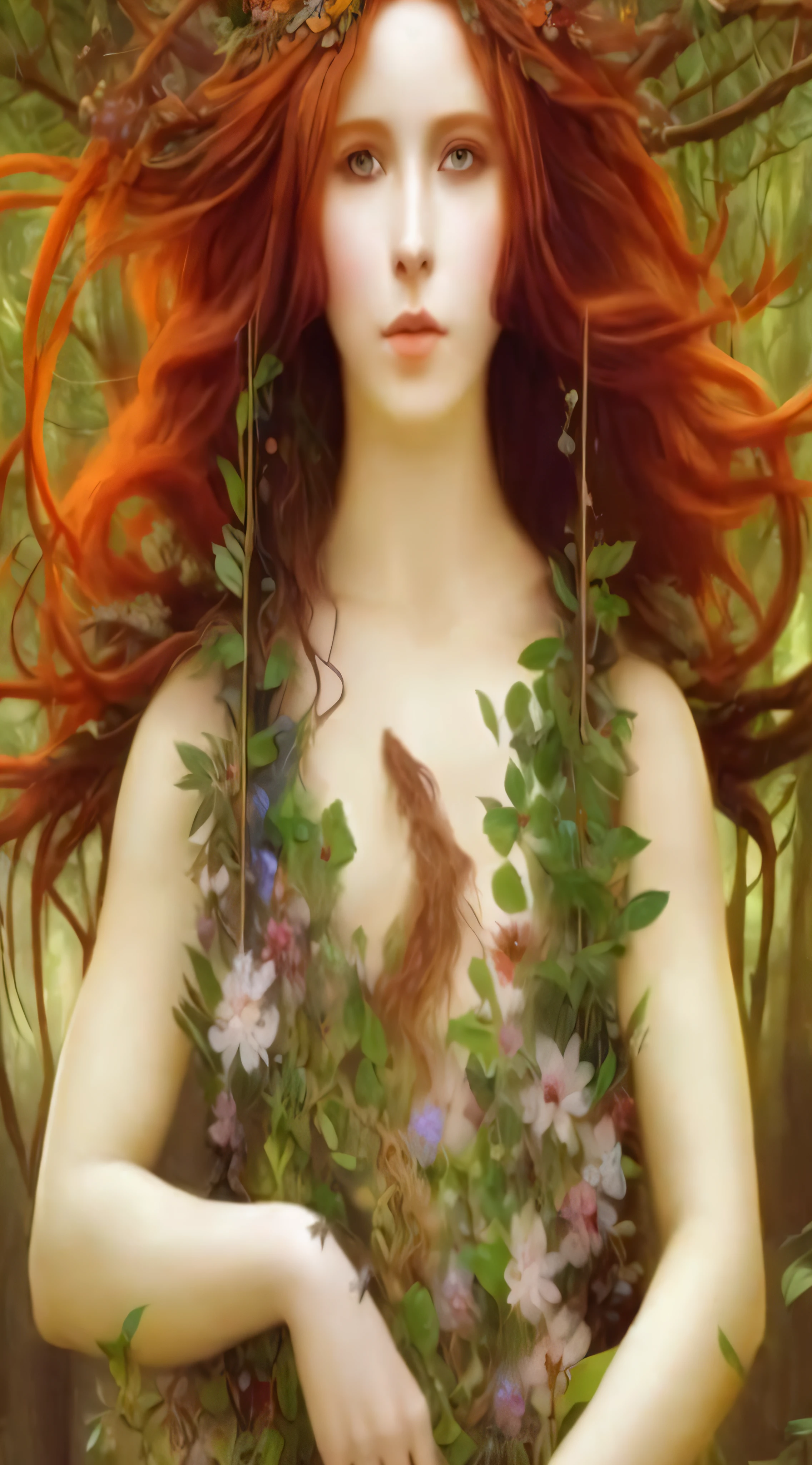 a painting of a woman with red hair and a wreath of flowers, earth goddess mythology, goddess of the forest, goddess of nature, red haired goddess, persephone in spring, nature goddess, goddess of spring, druid goddess, portrait of a dryad, persephone, pagan goddess, dryad, fey queen of the summer forest, dryad in the forest