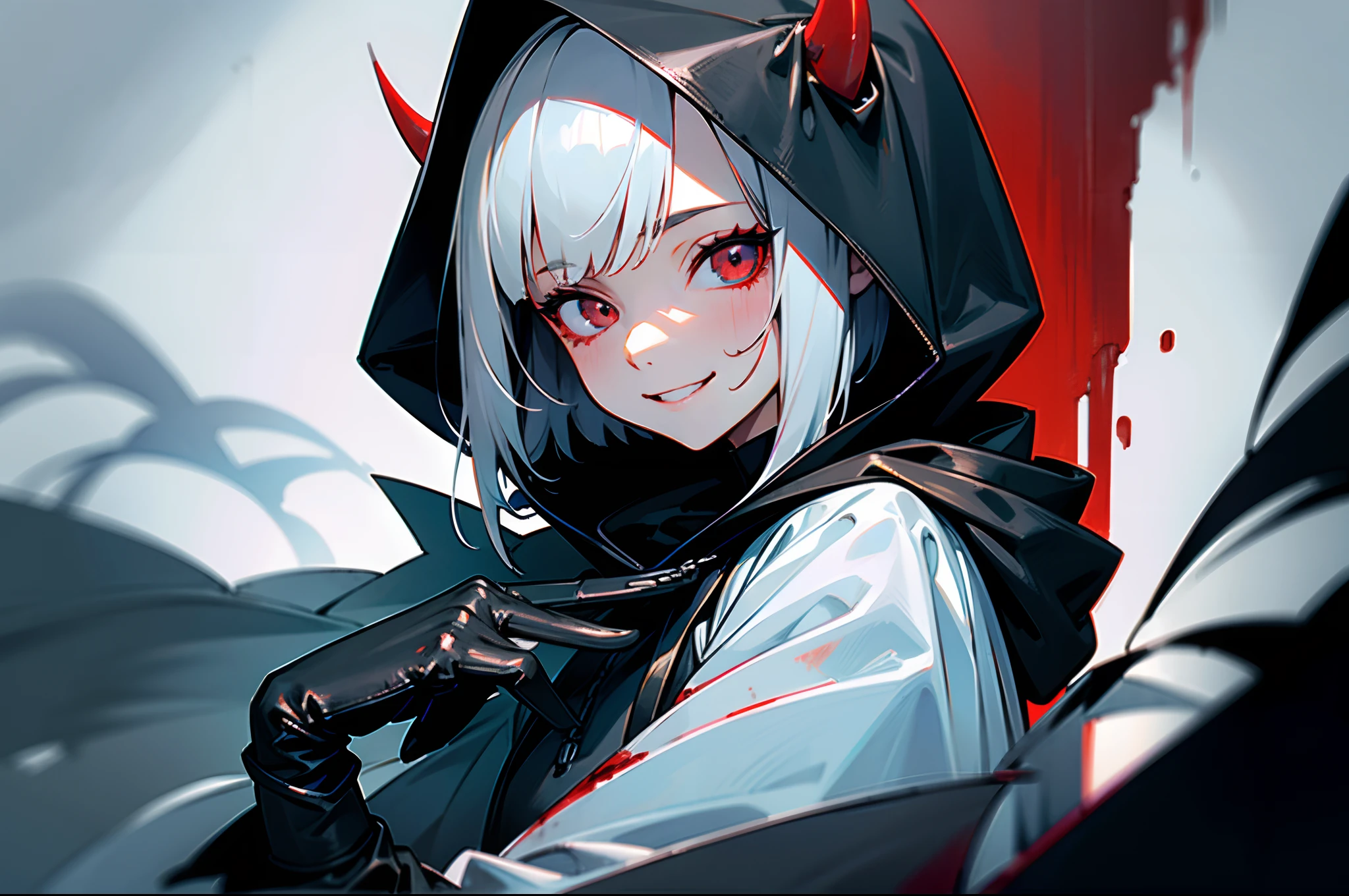 Blood droplets、girl wearing hoodie、Wearing black leather gloves、(Wearing a hood:1.2)、Silver-haired short bob、Angelic uncomfortable smile、Devil's Claw、Mass killings、Killer、Slasher、Psychopaths、extra detailed face、Super detailed illustration、Raw photography、Deviantart Trends。