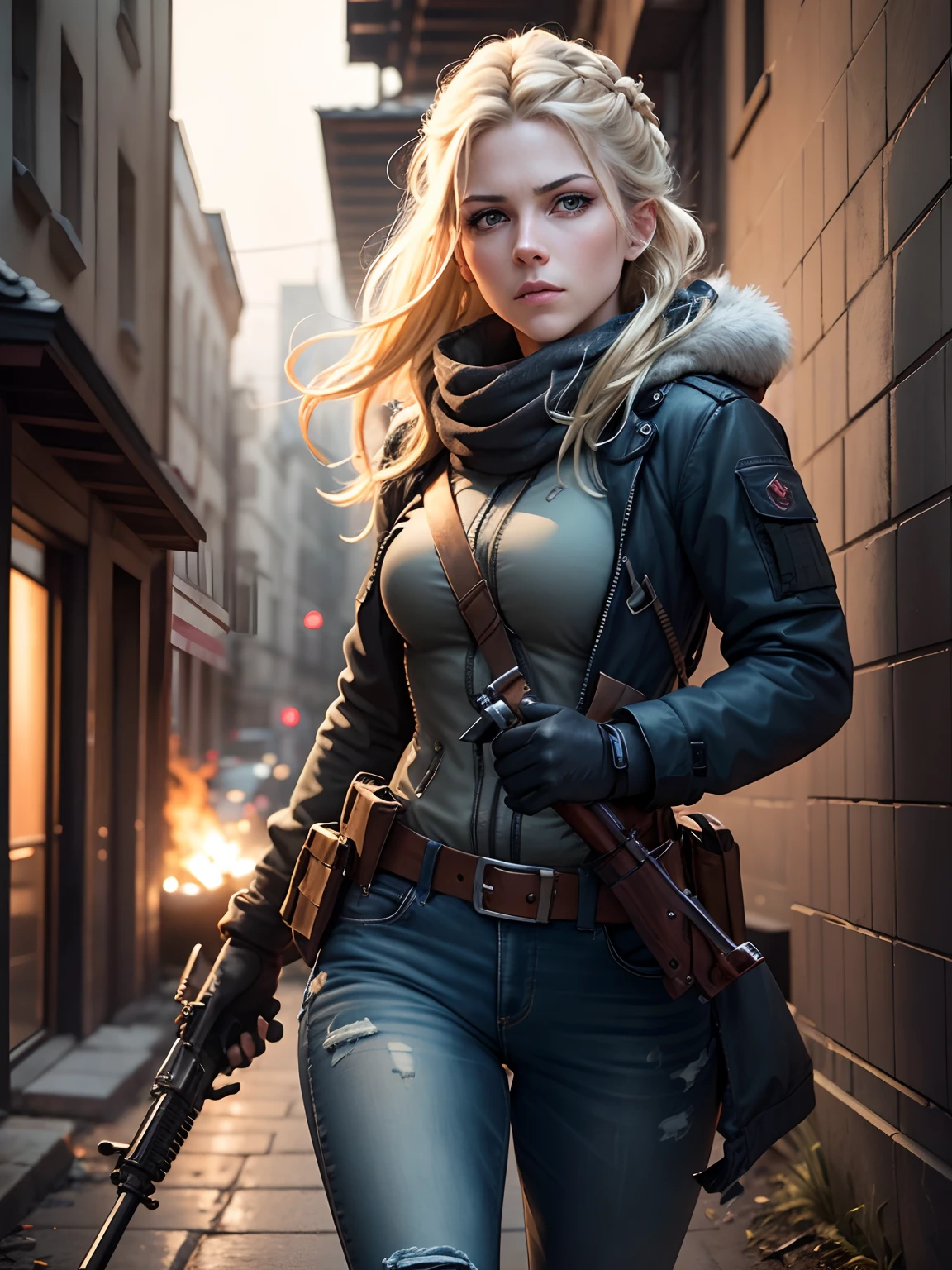 Dramatic lighting, deep shadows, closer, ruined street, rubble, fires, smoke, people running away, one woman, Katheryn Winnick, blonde braided hair blowing in wind, pale blue eyes, determined frown, wearing scruffy blue goretex coat, keffiyeh, jeans, tactical gloves, equipment belt with gun holster and scabbard, leaning against wall, peering to side