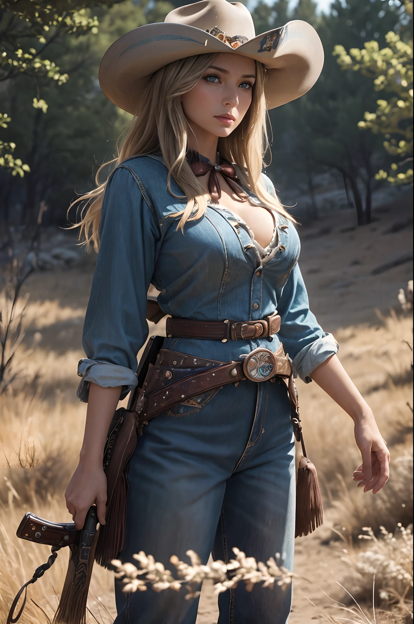 (Beauty feces(Woman Western:1)portraitures:1.5)Wind-swept wilderness landscape(((​masterpiece)))、((top-quality))、A MILF、blue eyess、Western Costumes、Brown pants、8K、The ultra-detailliert、realisitic、landscapes、concept-art、exceptionally detailed RAW color photo、Side angle、(lensflare:0.7)、particle effect、Ray latching、Cinema Trick Writing、Shallow depth of field、Shot with Sony Alpha 1、50mm wide angle lens、Foconitide、Cinematic Film Still、 dynamicposes、、(realisitic:1.3)、a blond、Woman Western、Gun belt.large full breasts、gazing at viewer、超A high resolution、Rugged look、Brown Western Hat,